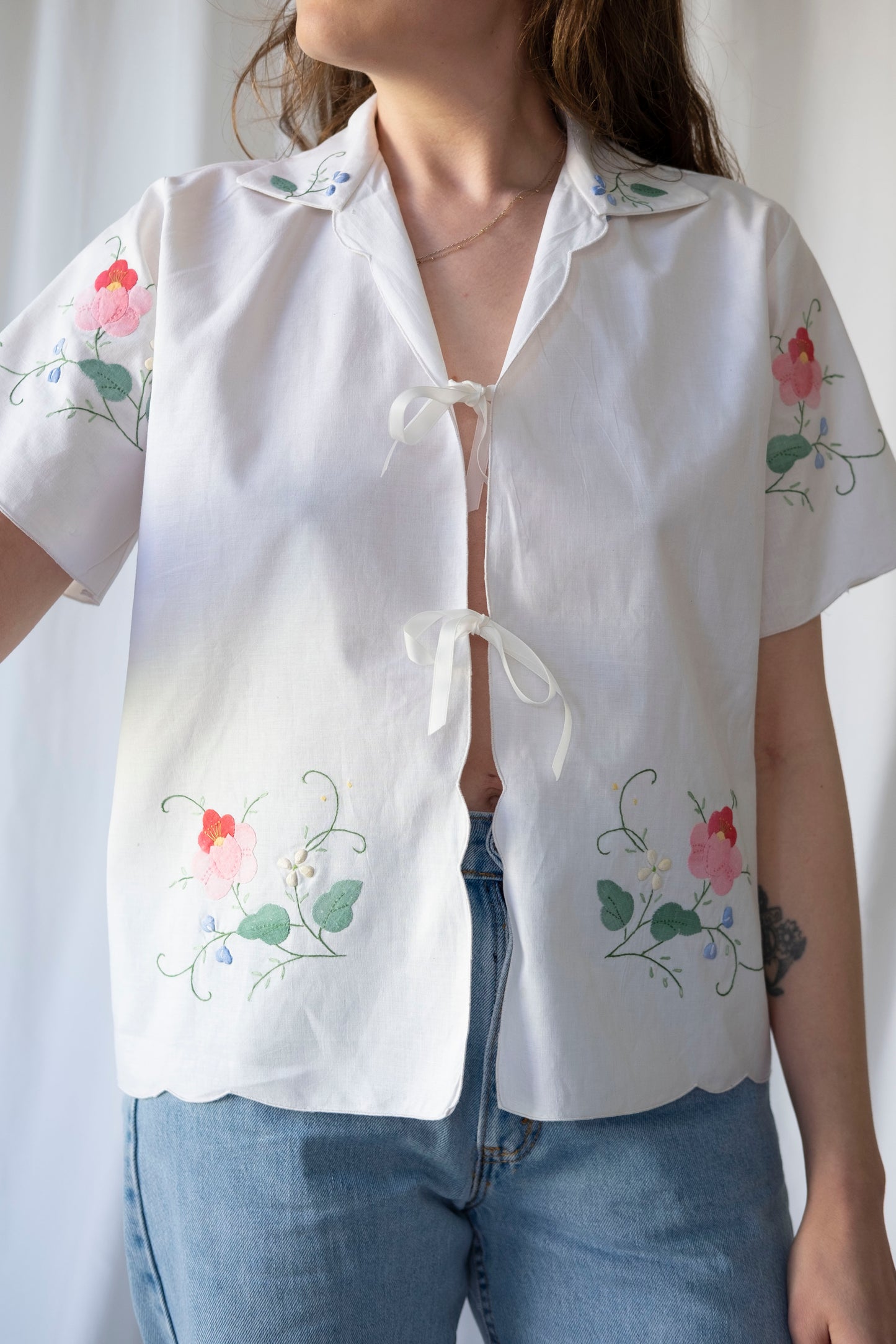 Camellia ~ Reworked Embroidered Tie Blouse ~ M