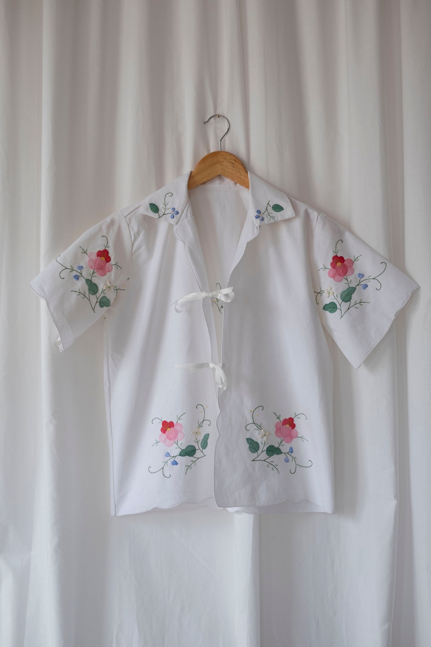 Camellia ~ Reworked Embroidered Tie Blouse ~ M