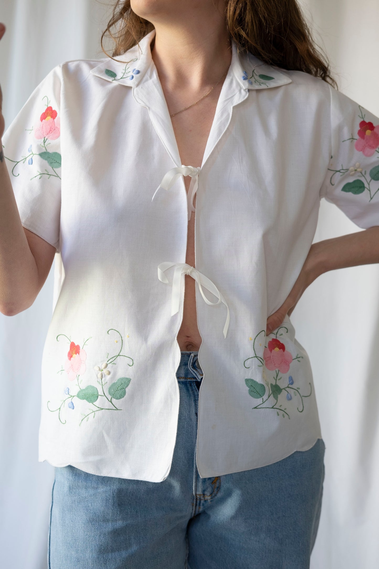 Camellia ~ Reworked Embroidered Tie Blouse ~ M