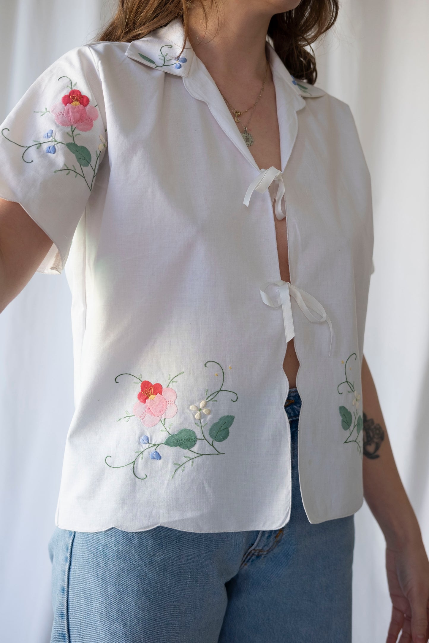 Camellia ~ Reworked Embroidered Tie Blouse ~ M