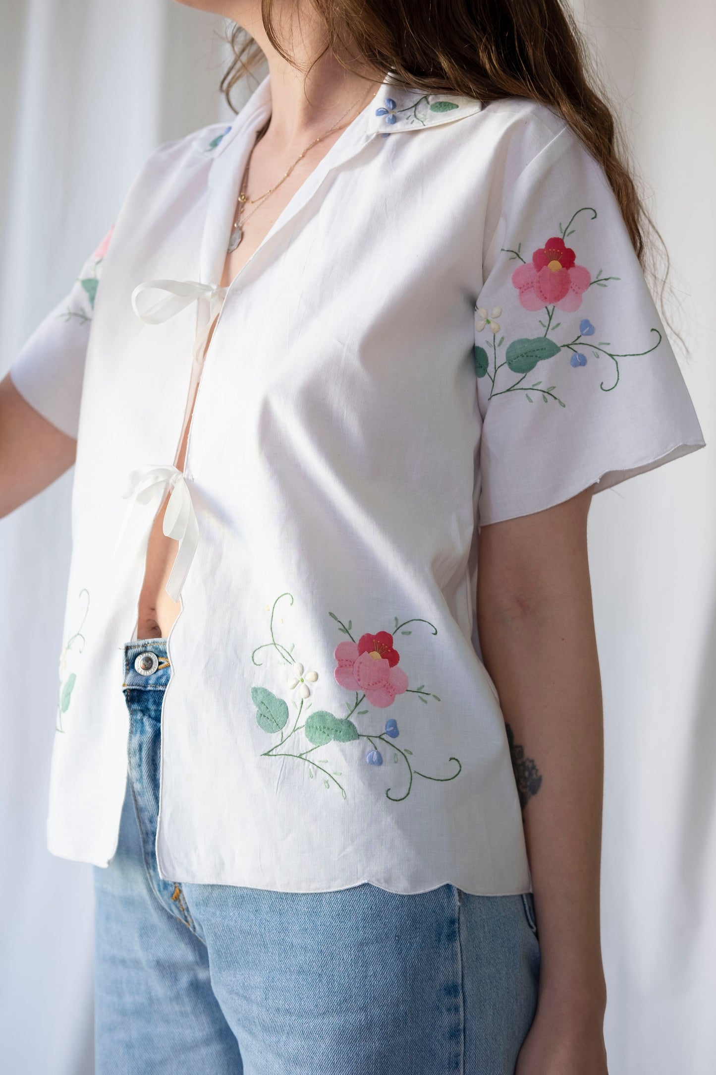 Camellia ~ Reworked Embroidered Tie Blouse ~ M