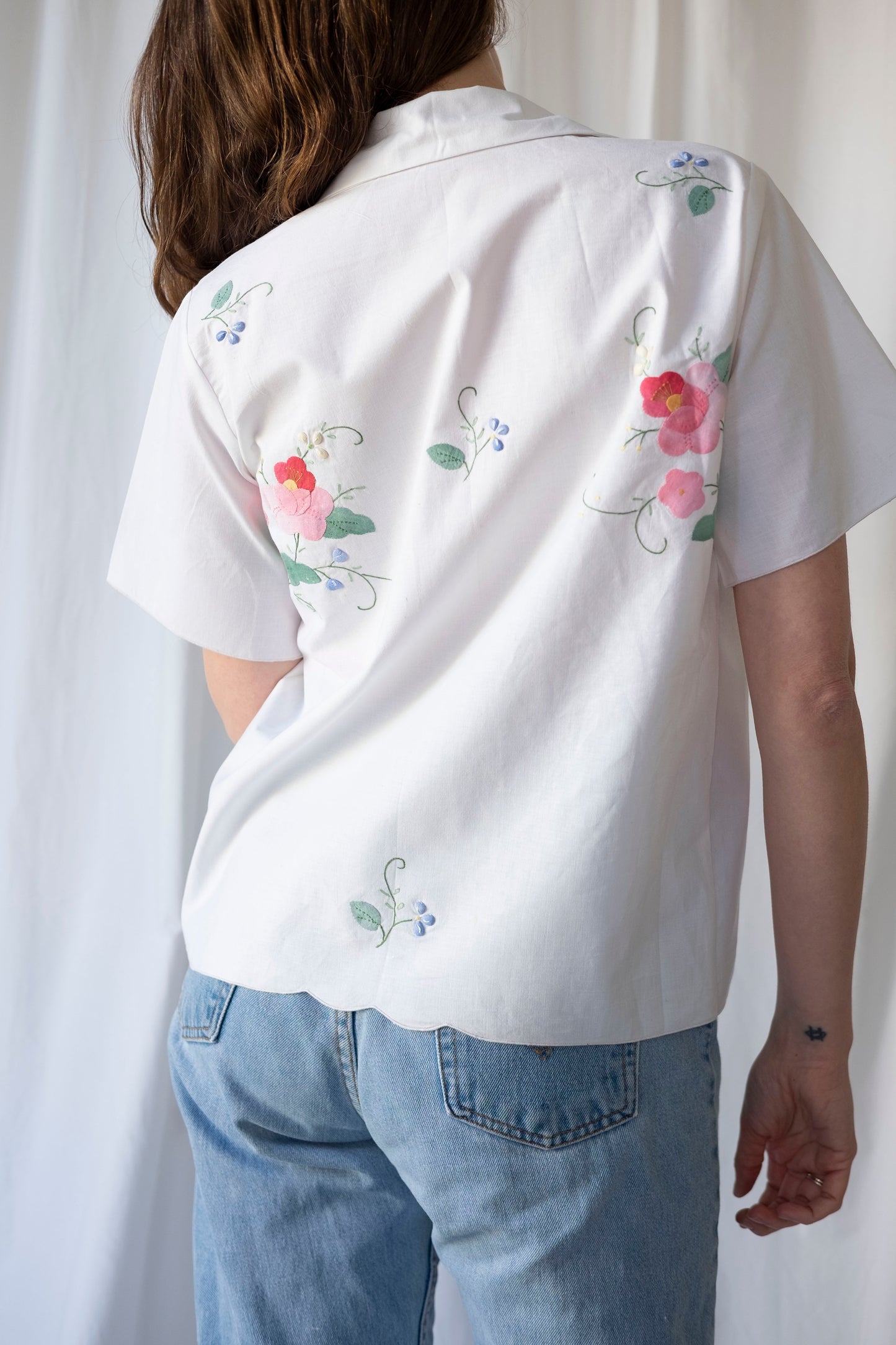 Camellia ~ Reworked Embroidered Tie Blouse ~ M