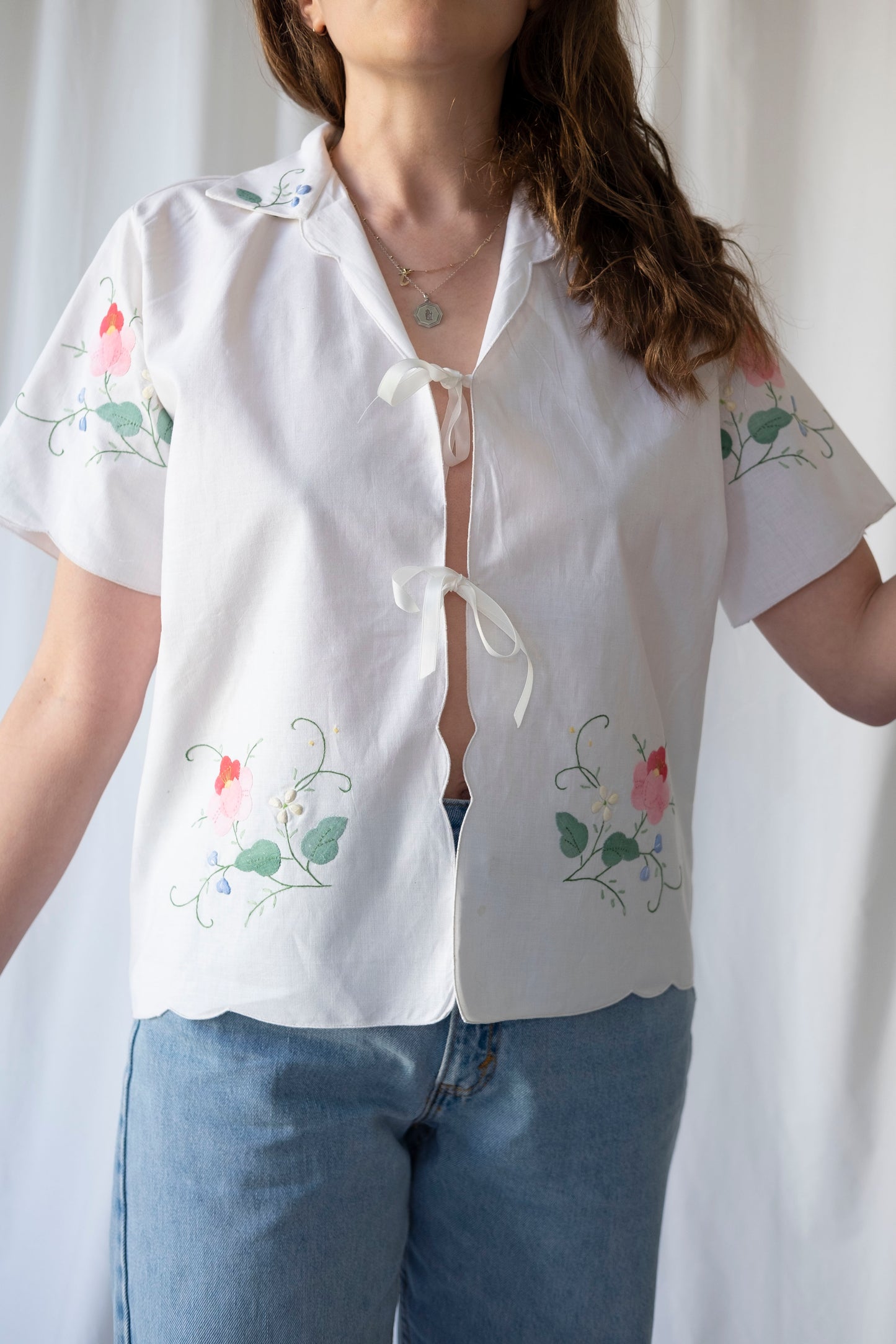 Camellia ~ Reworked Embroidered Tie Blouse ~ M