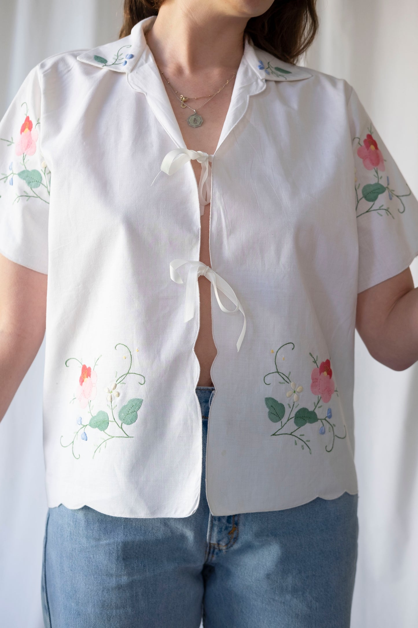 Camellia ~ Reworked Embroidered Tie Blouse ~ M