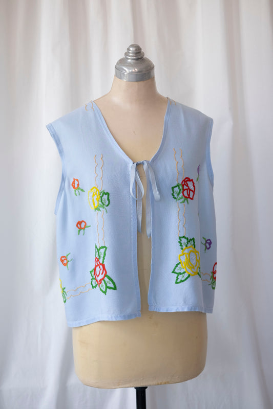 Topaz ~ Reworked Embroidered Blue Waistcoat - S/M