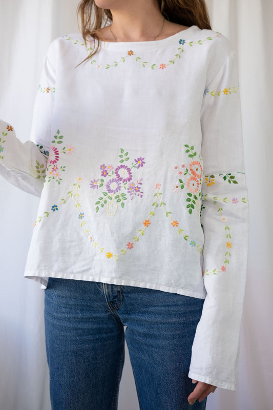 Violet ~ Reworked Vintage Linen Embroidered Long Sleeve - M