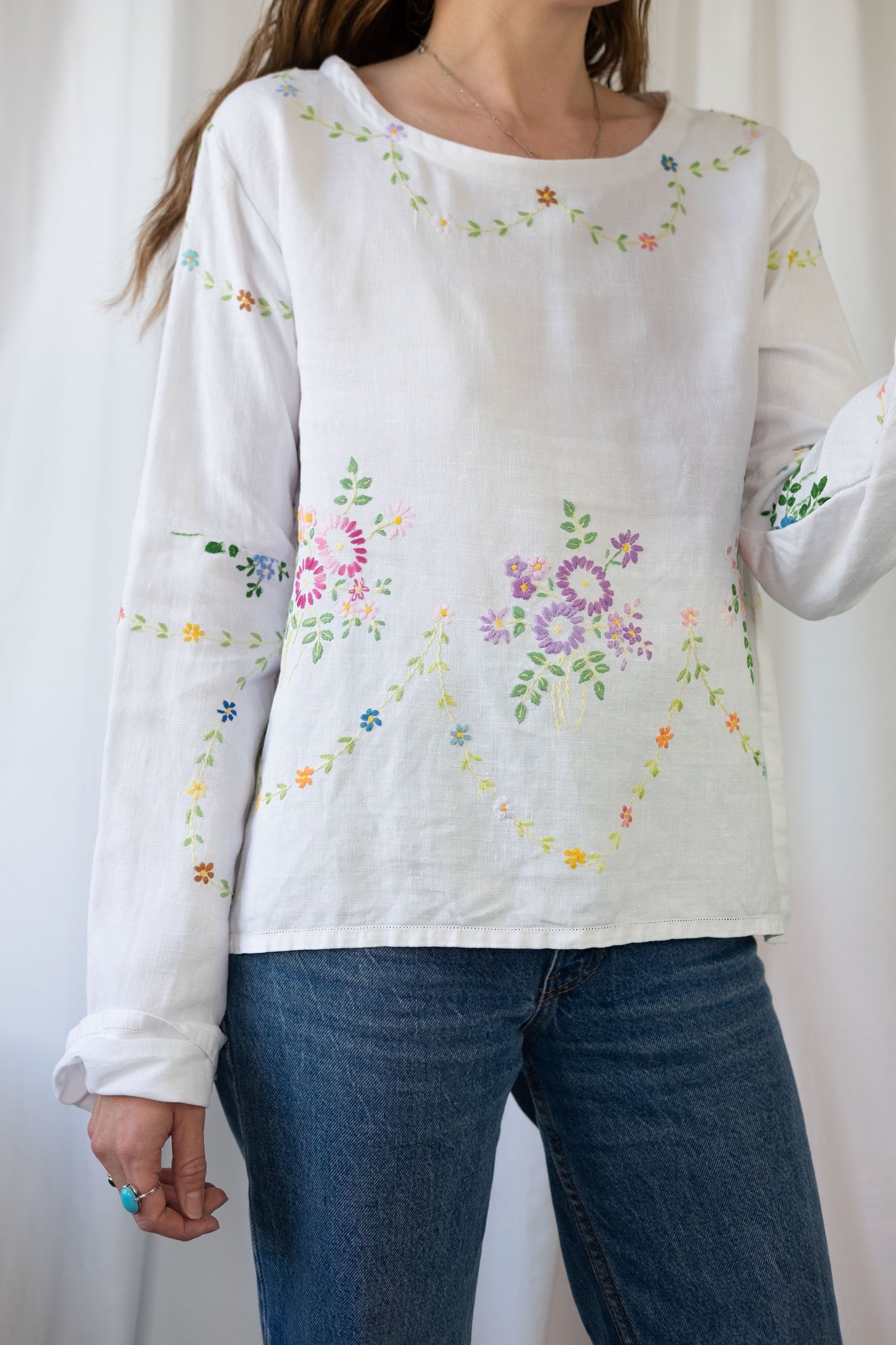 Violet ~ Reworked Vintage Linen Embroidered Long Sleeve - M