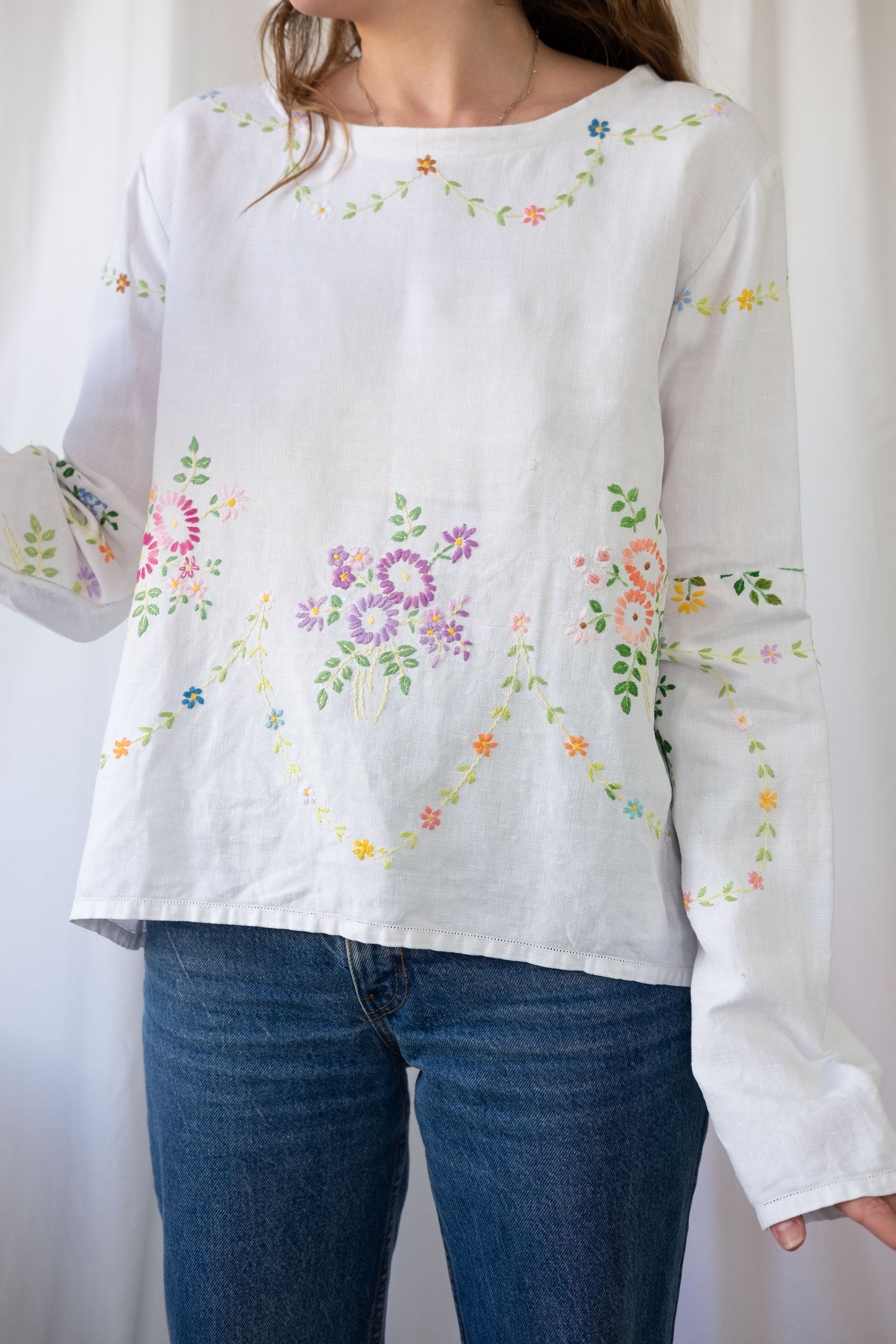 Violet ~ Reworked Vintage Linen Embroidered Long Sleeve - M