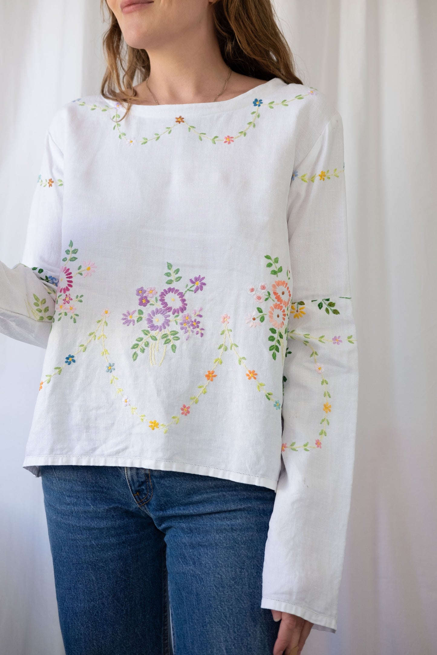 Violet ~ Reworked Vintage Linen Embroidered Long Sleeve - M