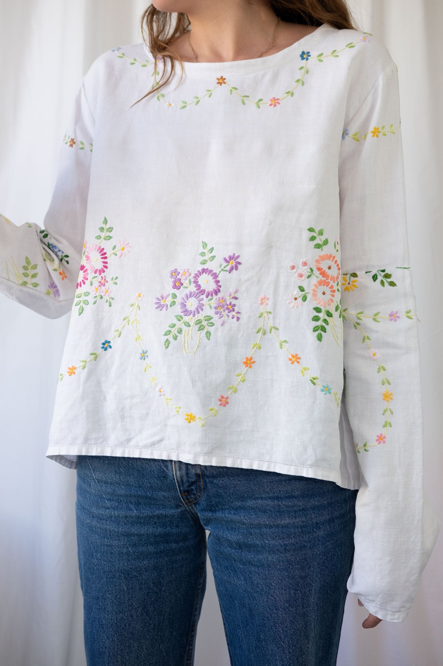 Violet ~ Reworked Vintage Linen Embroidered Long Sleeve - M