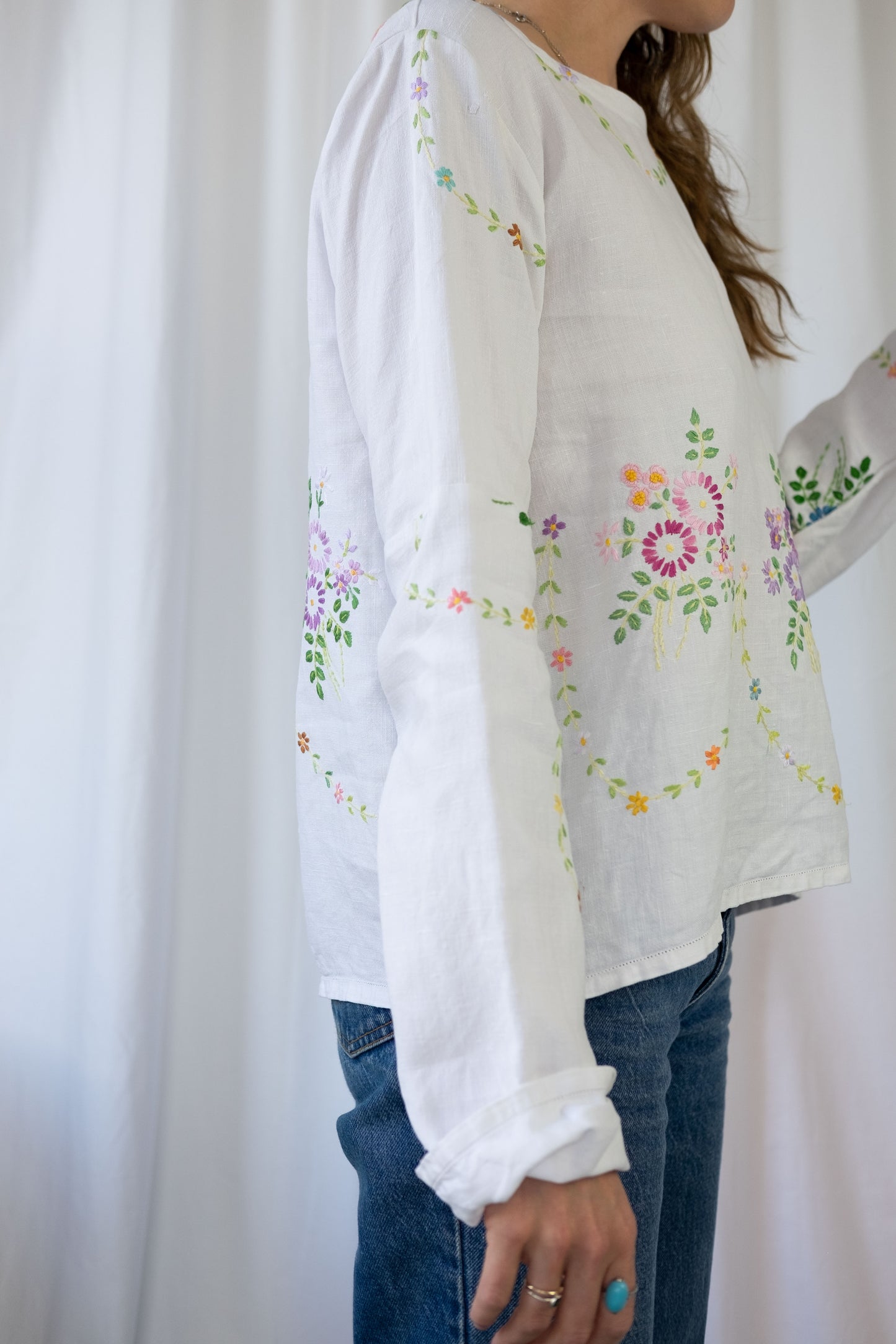 Violet ~ Reworked Vintage Linen Embroidered Long Sleeve - M