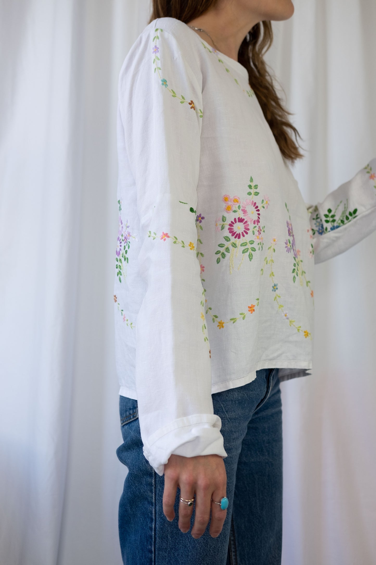 Violet ~ Reworked Vintage Linen Embroidered Long Sleeve - M