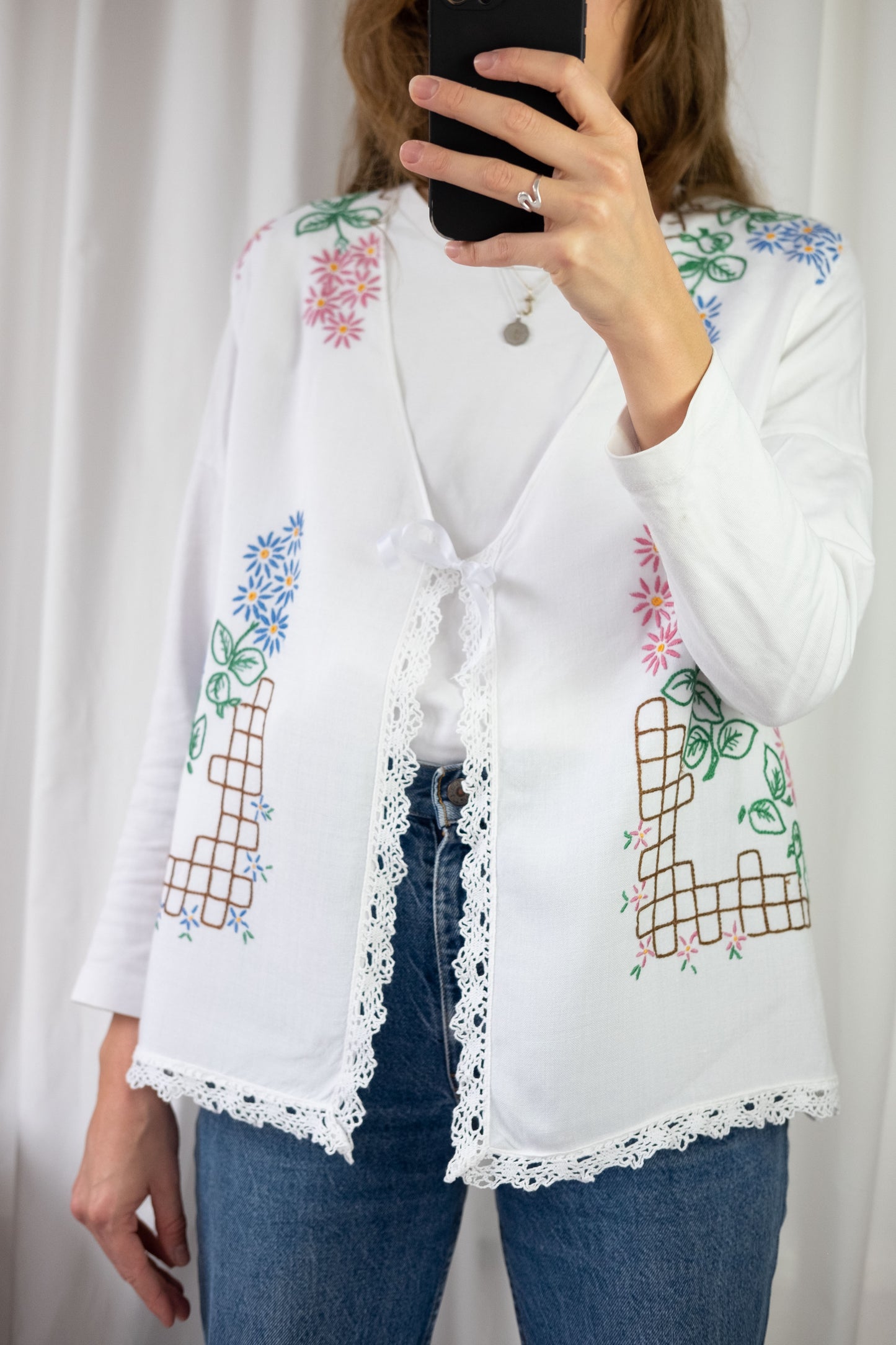 Forget Me Not ~ Reworked Vintage Linen Embroidered Waistcoat - XL