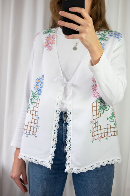 Forget Me Not ~ Reworked Vintage Linen Embroidered Waistcoat - XL