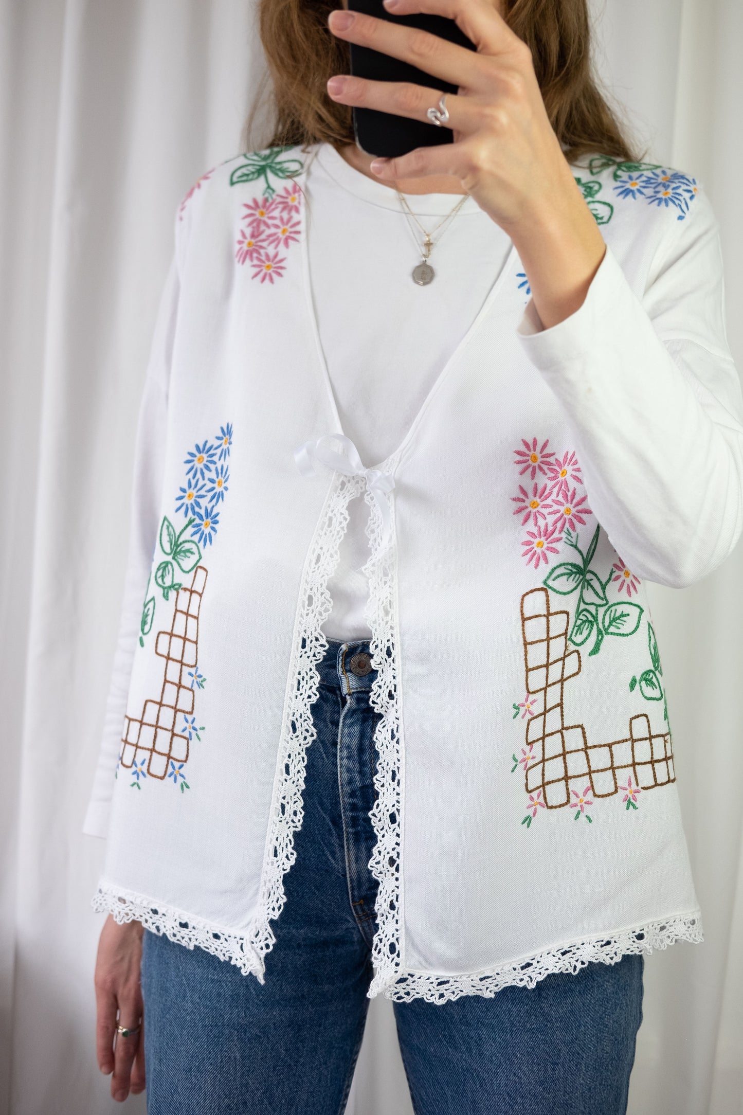 Forget Me Not ~ Reworked Vintage Linen Embroidered Waistcoat - XL