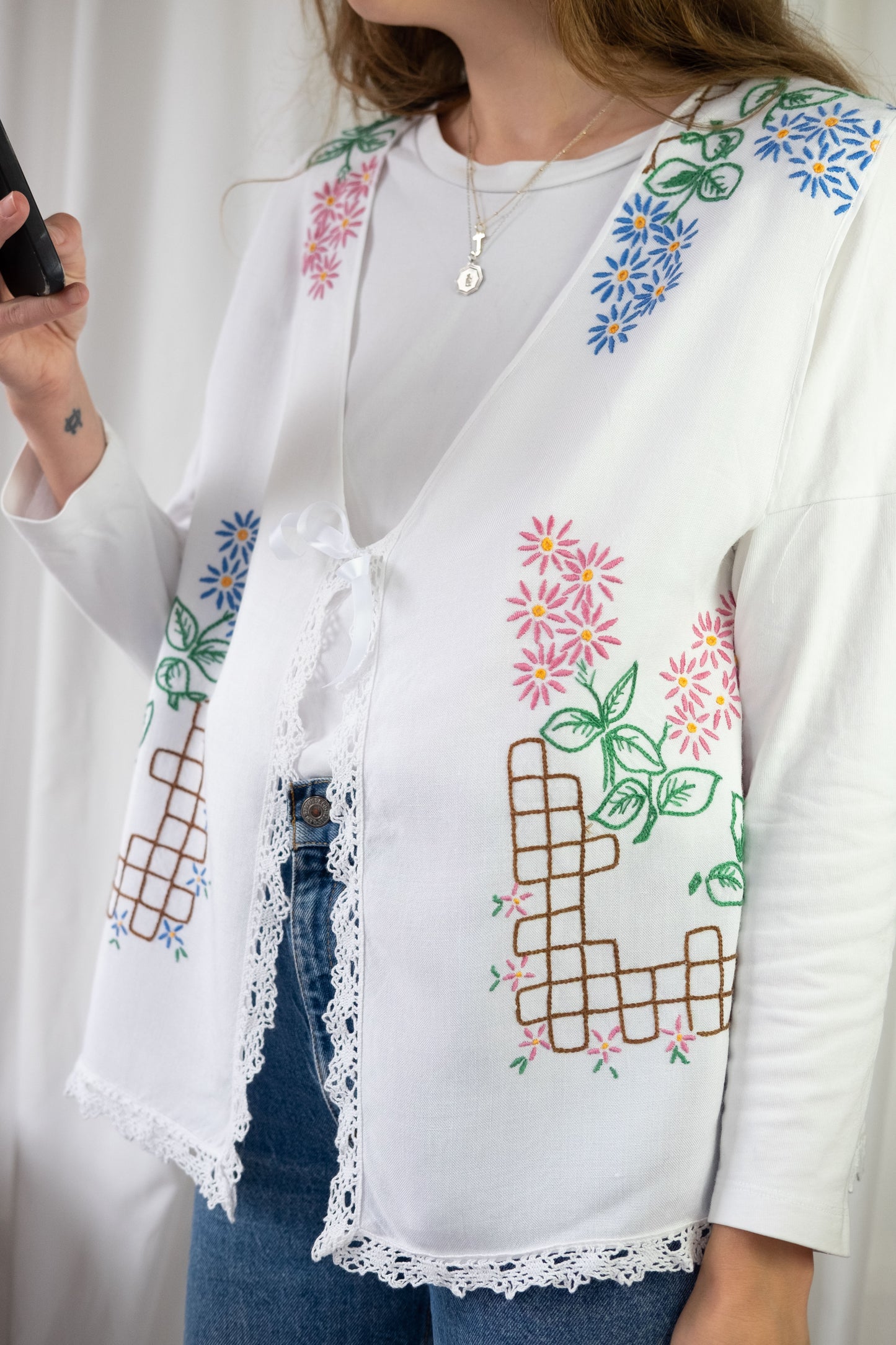 Forget Me Not ~ Reworked Vintage Linen Embroidered Waistcoat - XL