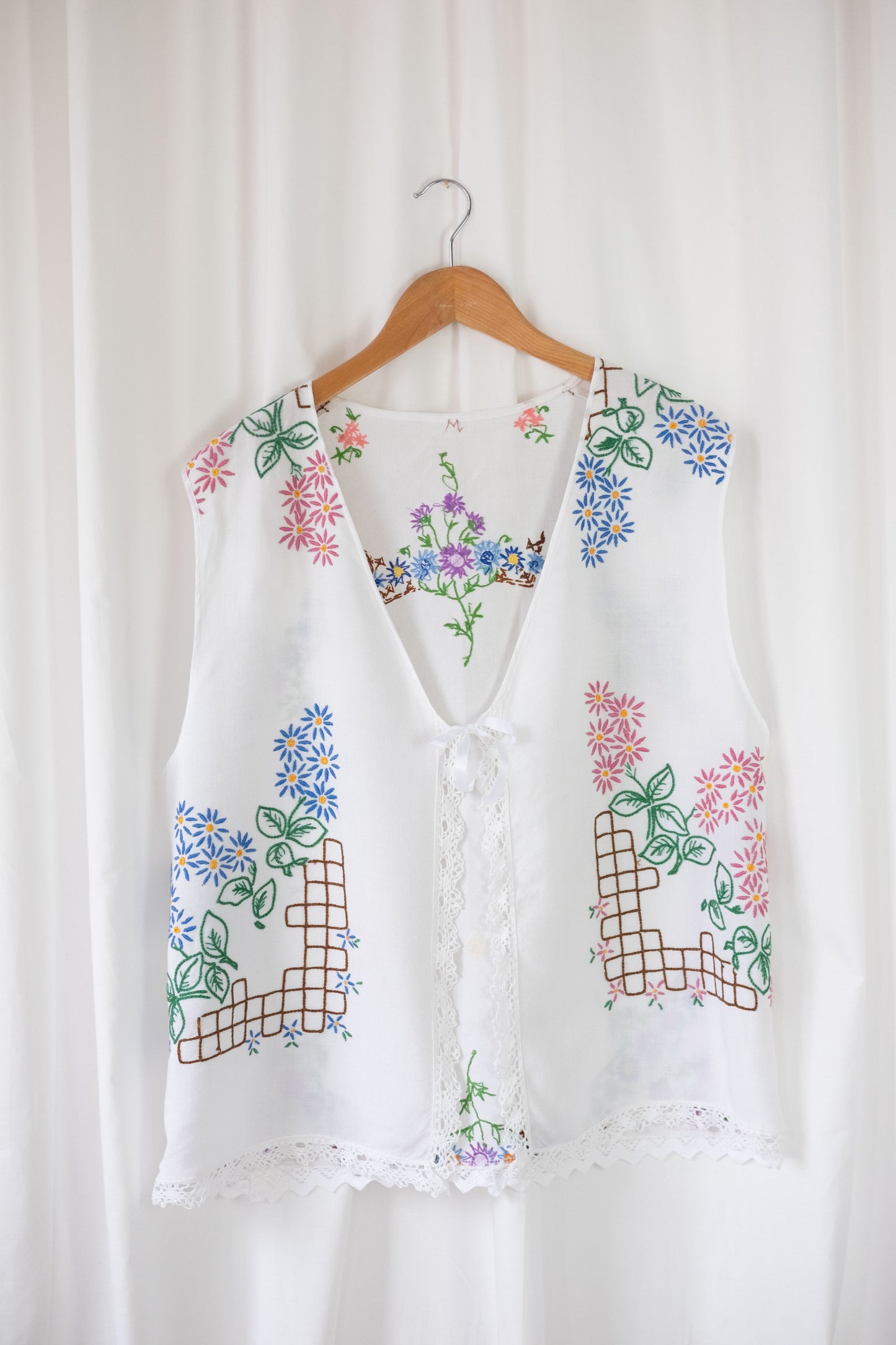 Forget Me Not ~ Reworked Vintage Linen Embroidered Waistcoat - XL