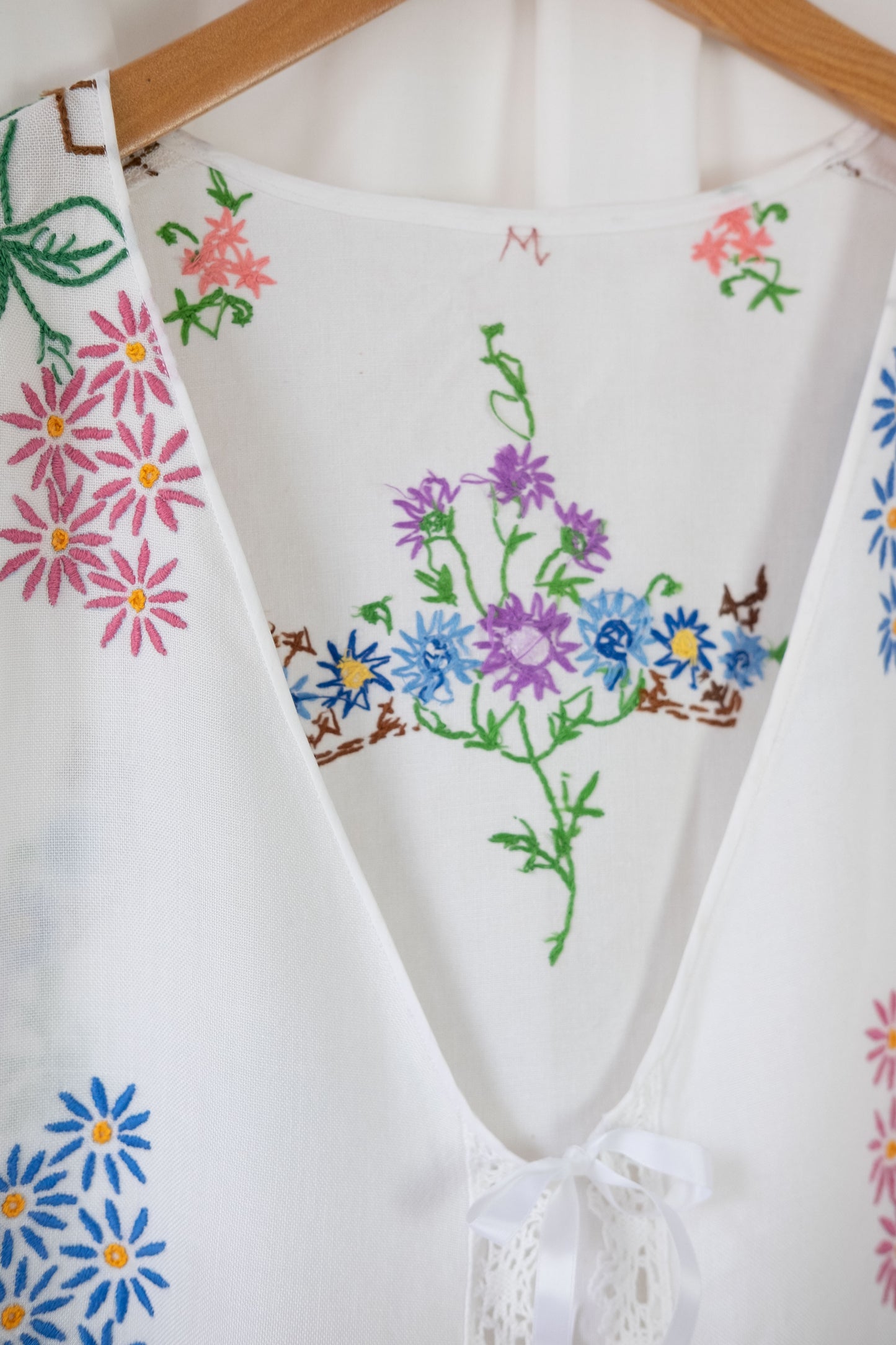 Forget Me Not ~ Reworked Vintage Linen Embroidered Waistcoat - XL