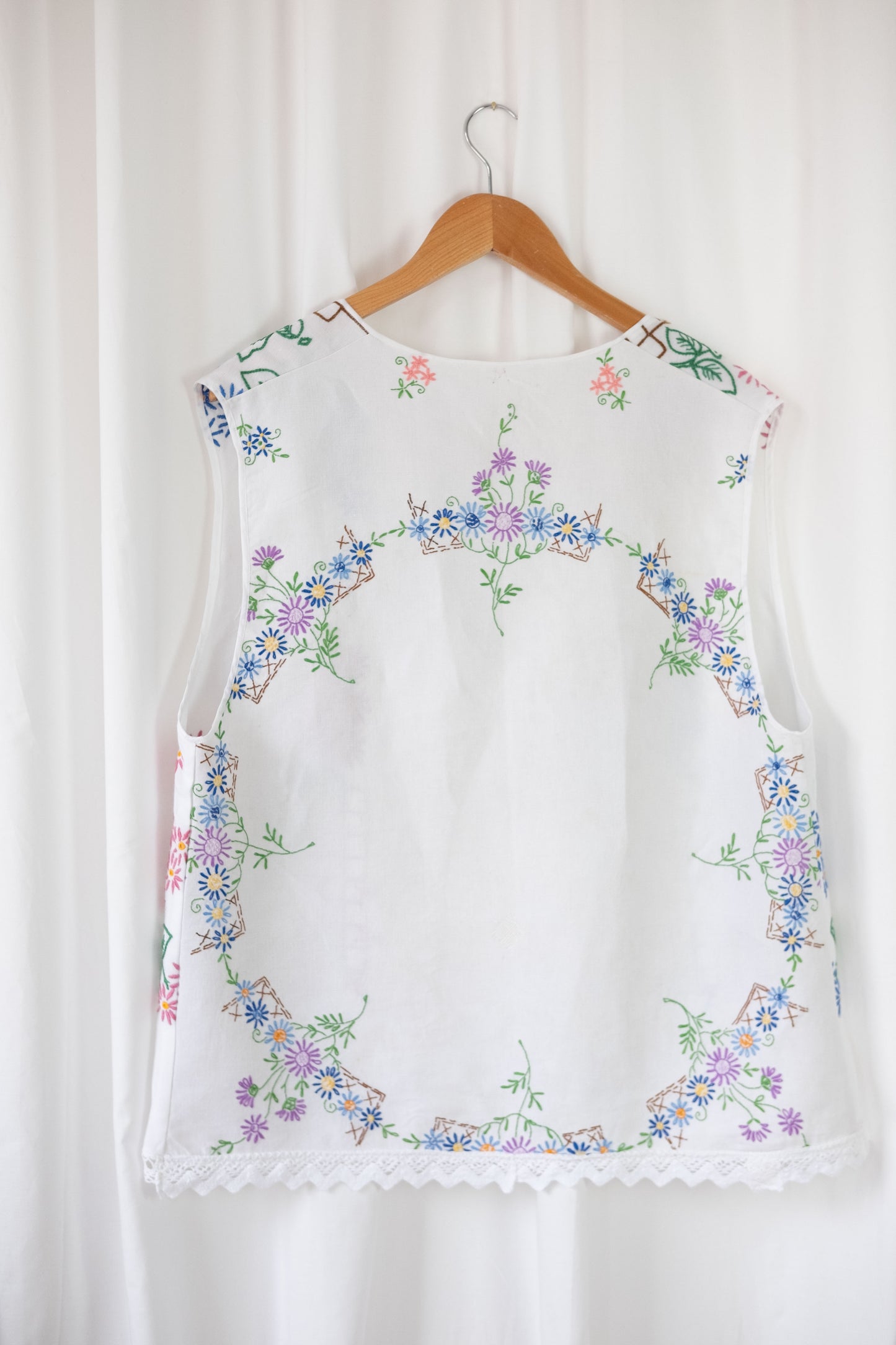 Forget Me Not ~ Reworked Vintage Linen Embroidered Waistcoat - XL