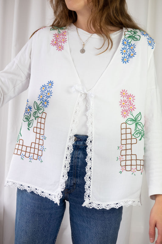 Forget Me Not ~ Reworked Vintage Linen Embroidered Waistcoat - XL