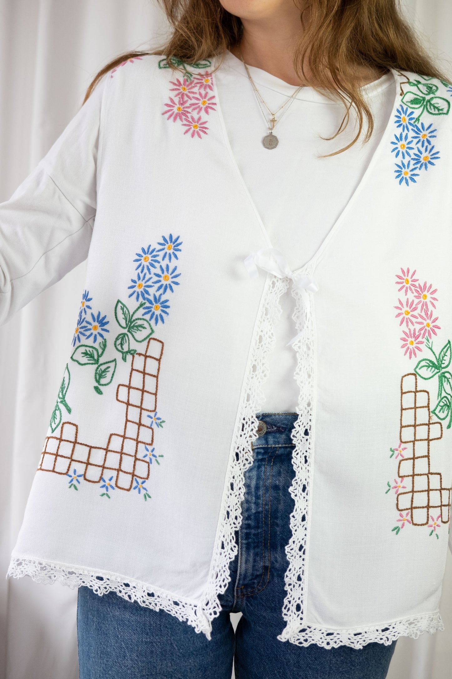 Forget Me Not ~ Reworked Vintage Linen Embroidered Waistcoat - XL