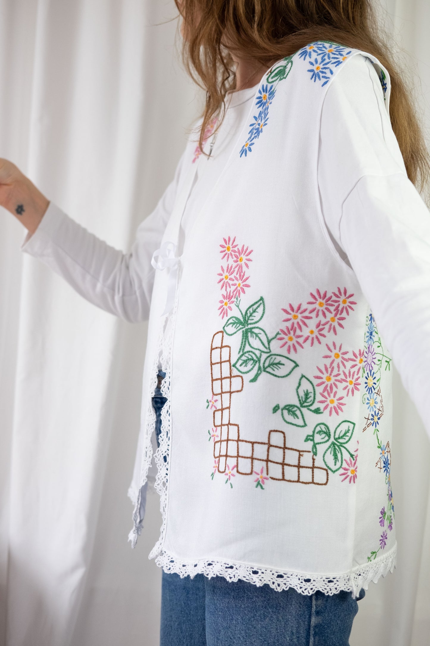 Forget Me Not ~ Reworked Vintage Linen Embroidered Waistcoat - XL