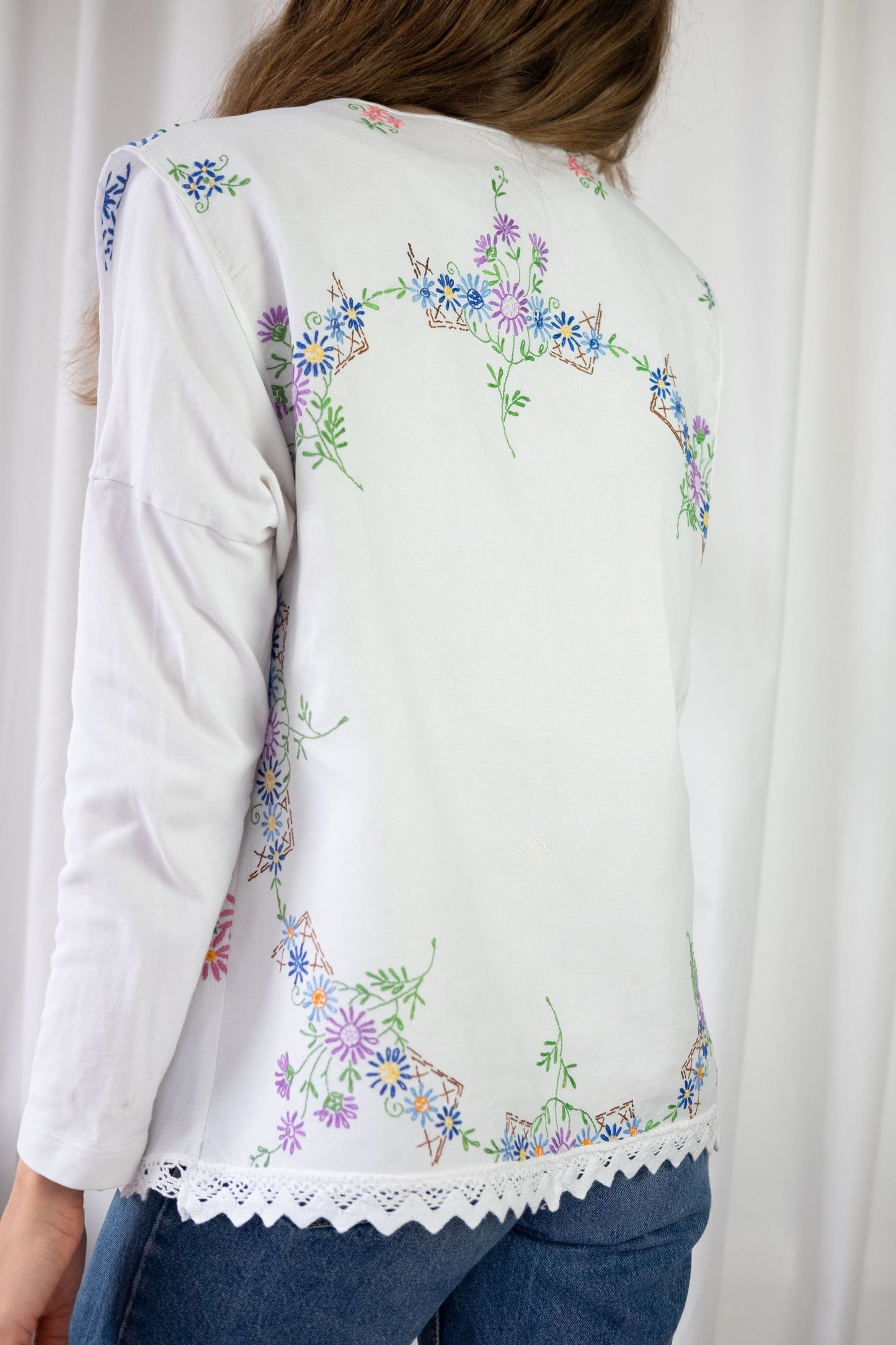 Forget Me Not ~ Reworked Vintage Linen Embroidered Waistcoat - XL