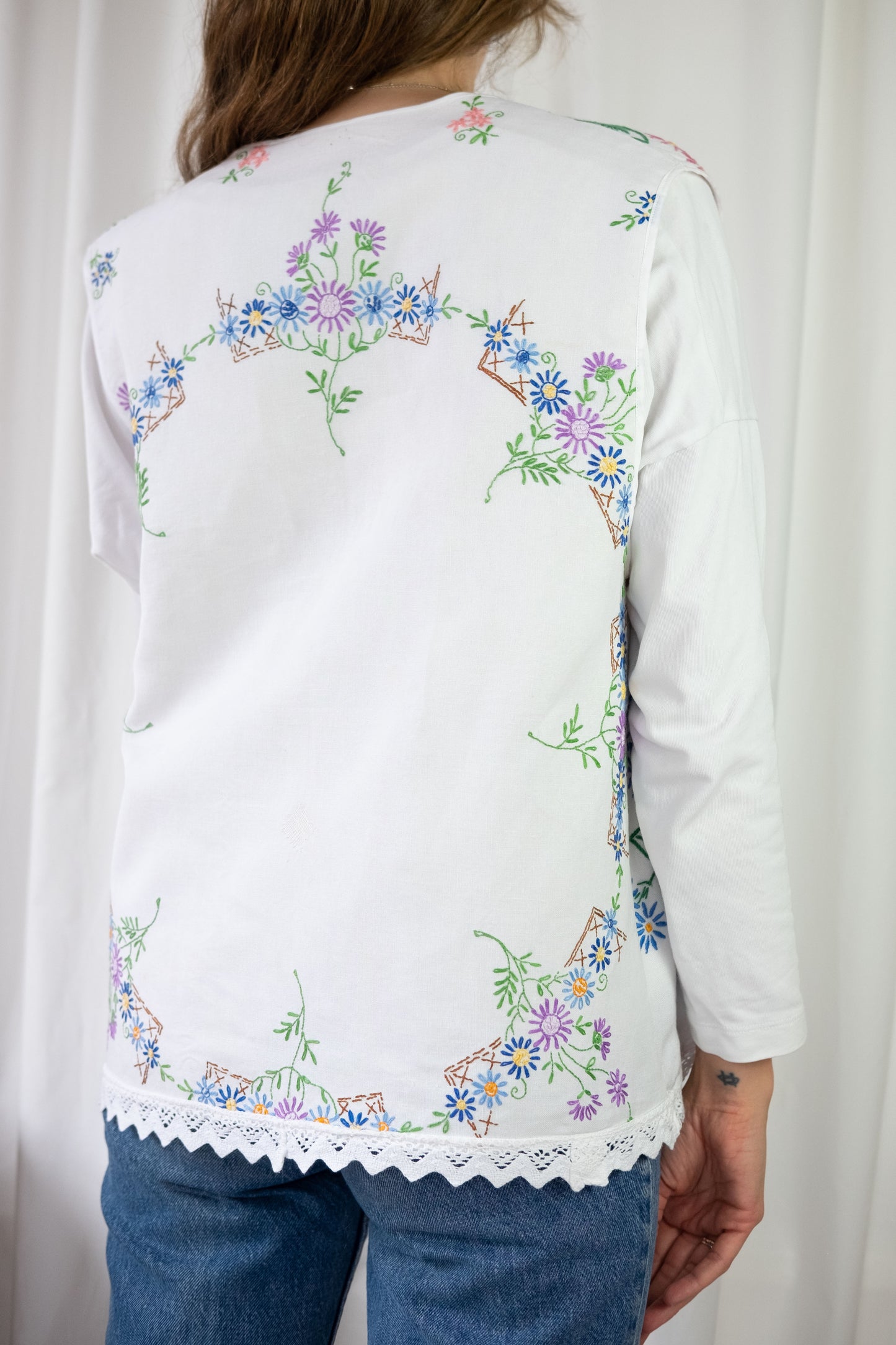 Forget Me Not ~ Reworked Vintage Linen Embroidered Waistcoat - XL