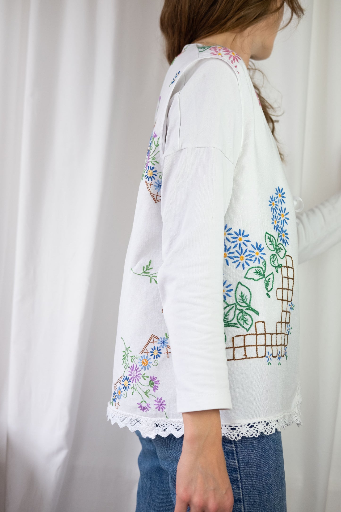 Forget Me Not ~ Reworked Vintage Linen Embroidered Waistcoat - XL