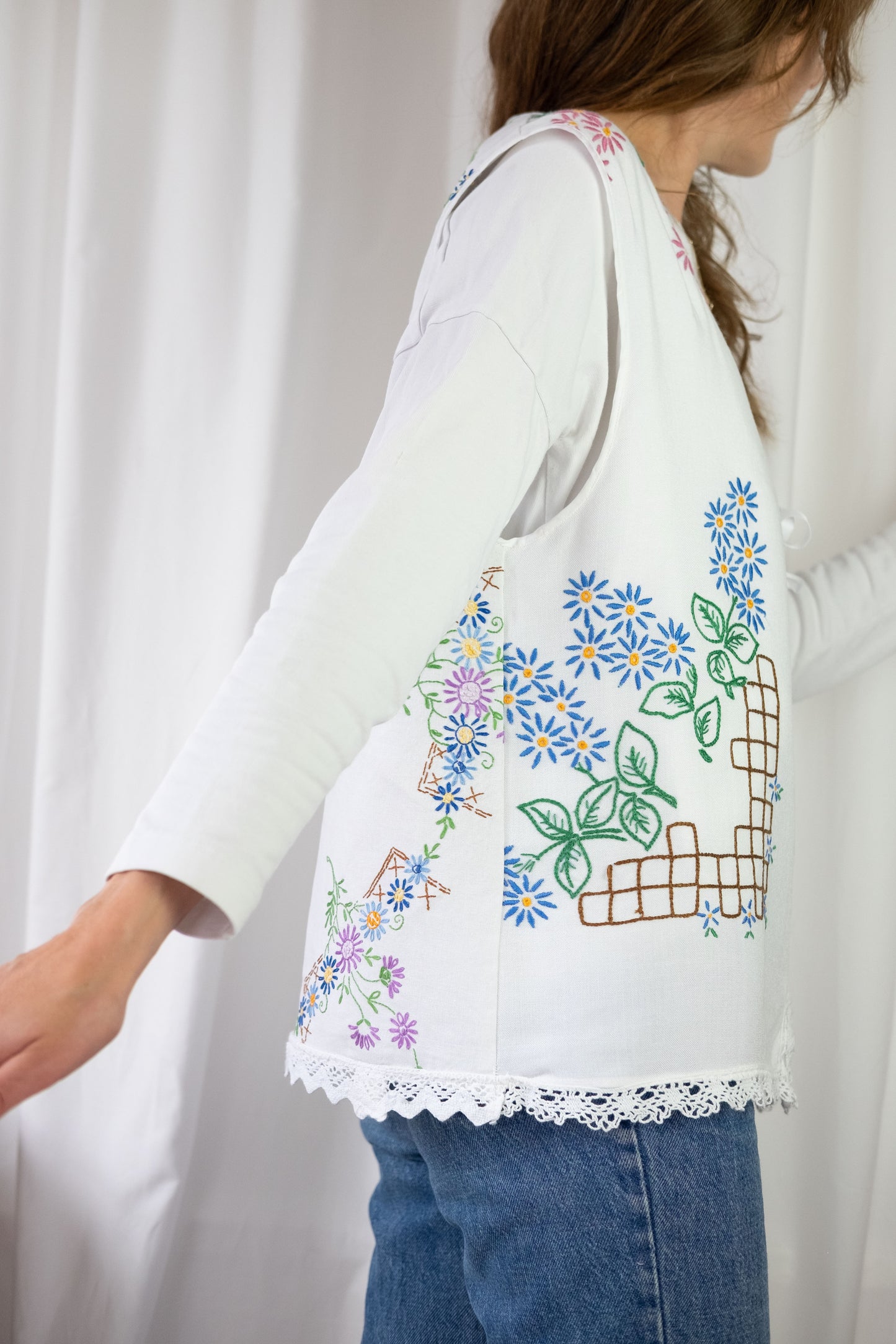 Forget Me Not ~ Reworked Vintage Linen Embroidered Waistcoat - XL