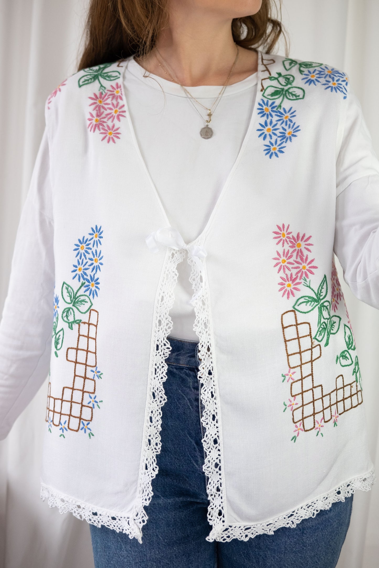 Forget Me Not ~ Reworked Vintage Linen Embroidered Waistcoat - XL