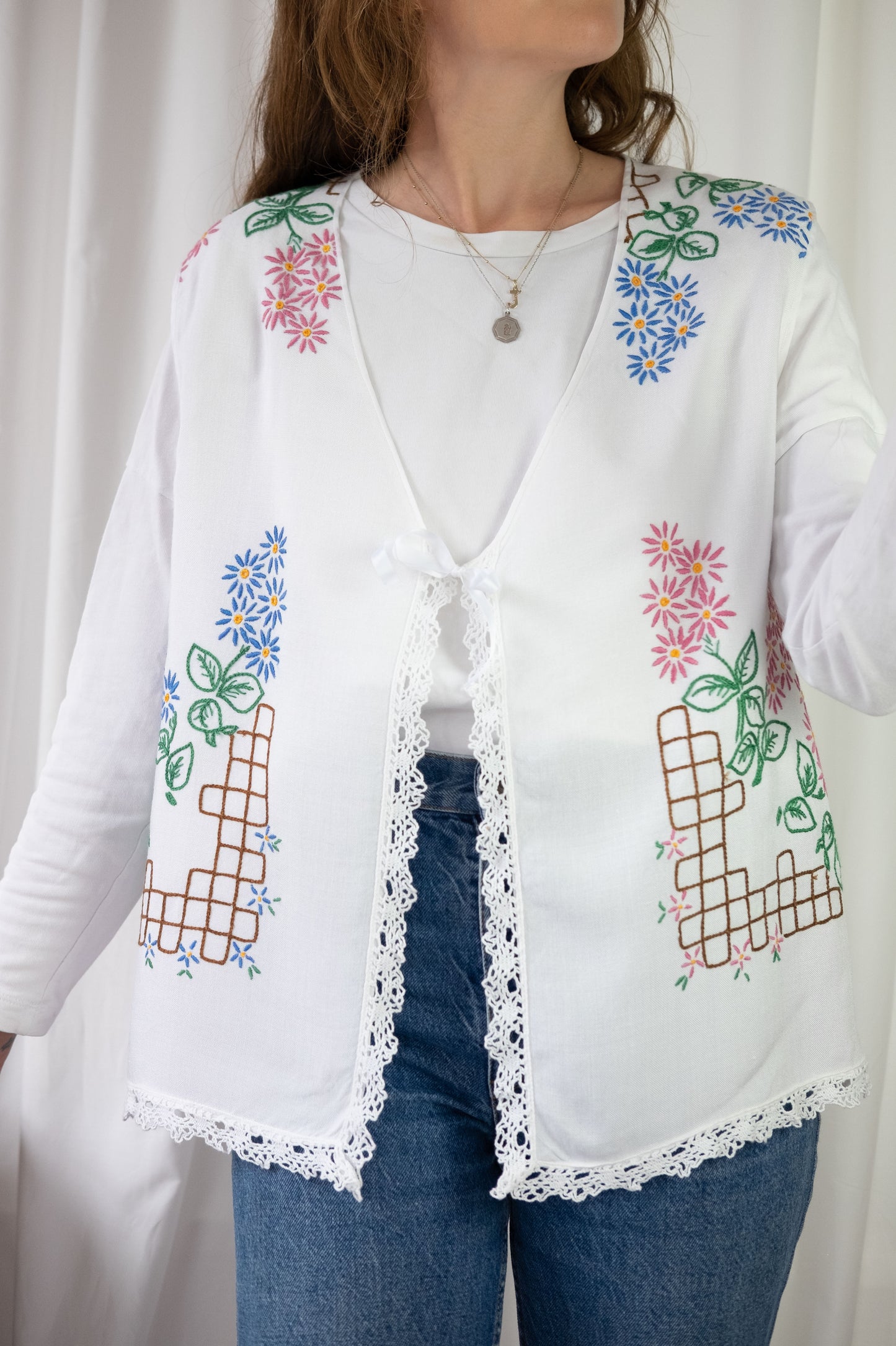 Forget Me Not ~ Reworked Vintage Linen Embroidered Waistcoat - XL