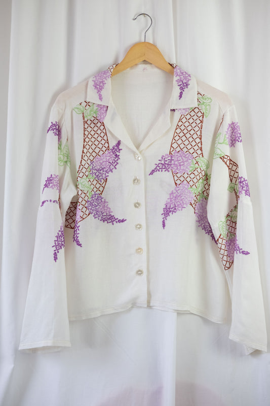 Wisteria ~ Reworked Vintage Linen Embroidered Shirt - M/L