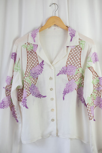 Wisteria ~ Reworked Vintage Linen Embroidered Shirt - M/L
