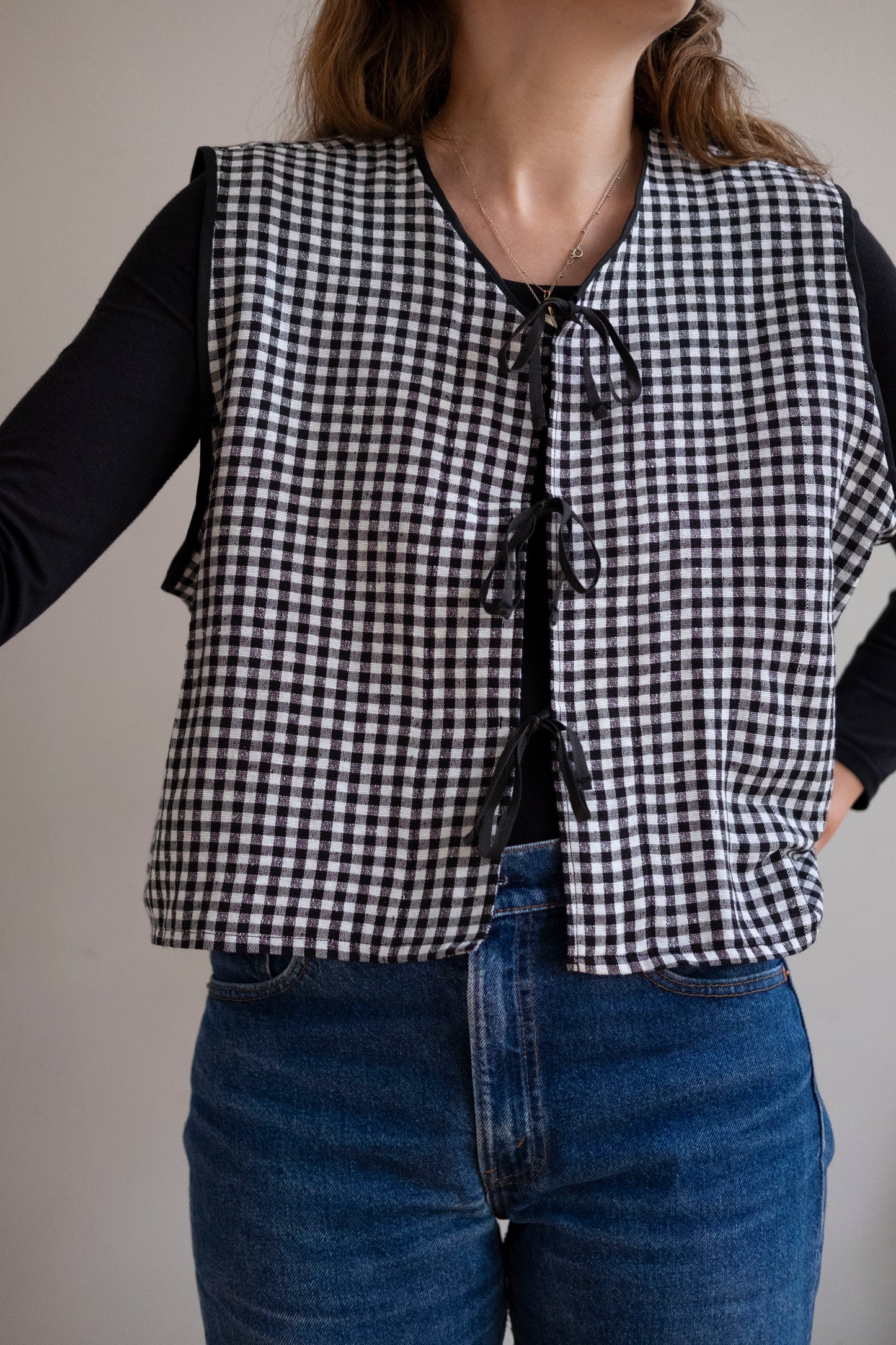 Zahra ~ Reworked Black Gingham Linen Tie Waistcoat - M/L