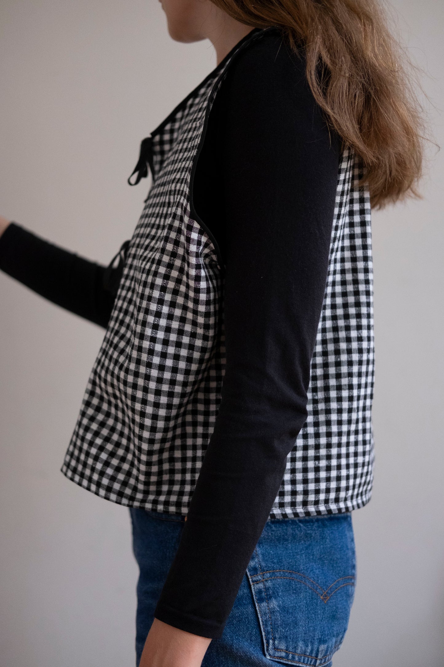 Zahra ~ Reworked Black Gingham Linen Tie Waistcoat - M/L