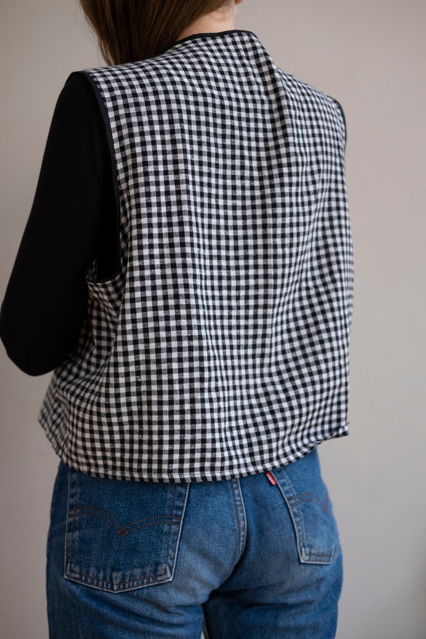 Zahra ~ Reworked Black Gingham Linen Tie Waistcoat - M/L