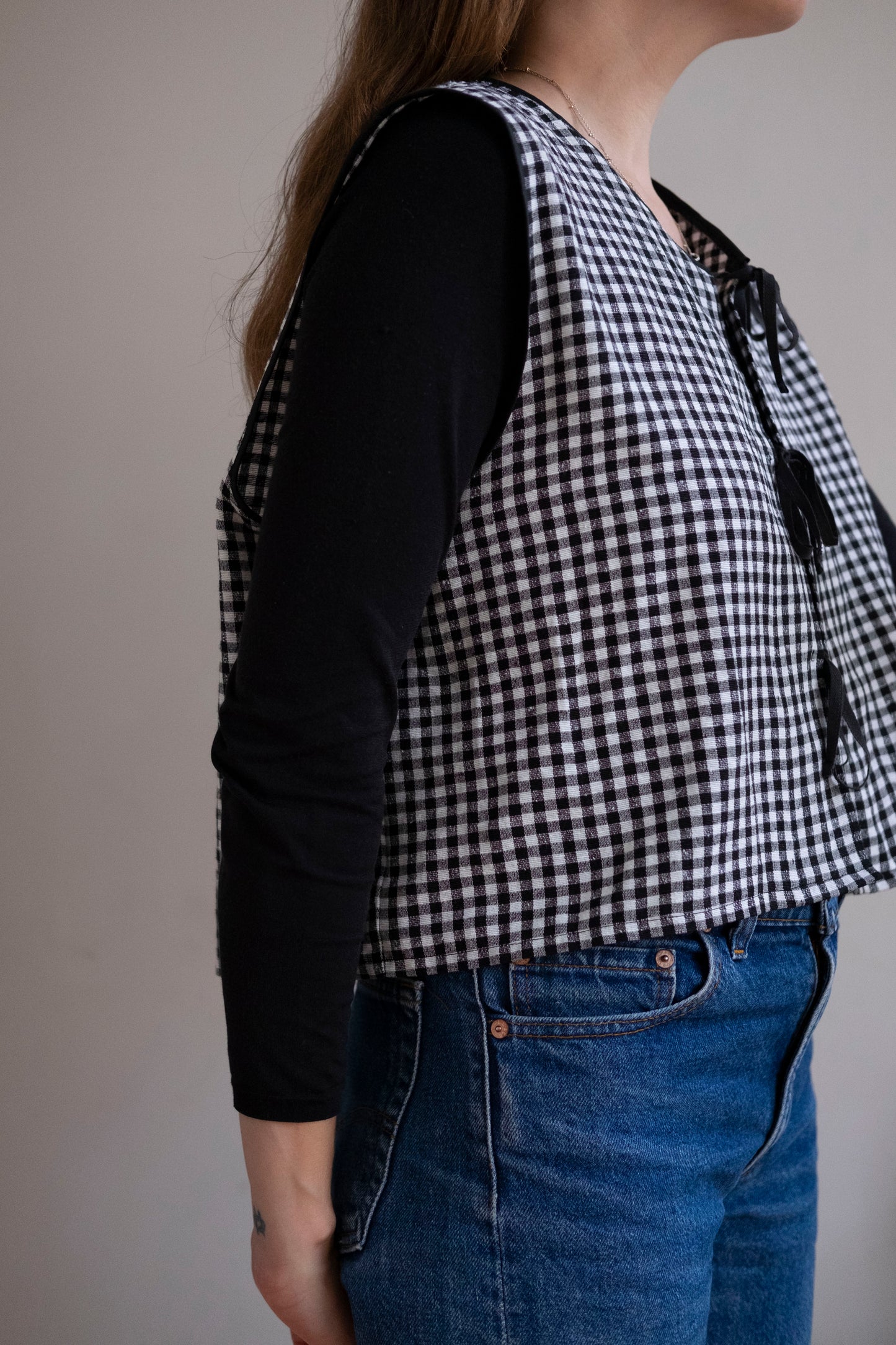 Zahra ~ Reworked Black Gingham Linen Tie Waistcoat - M/L