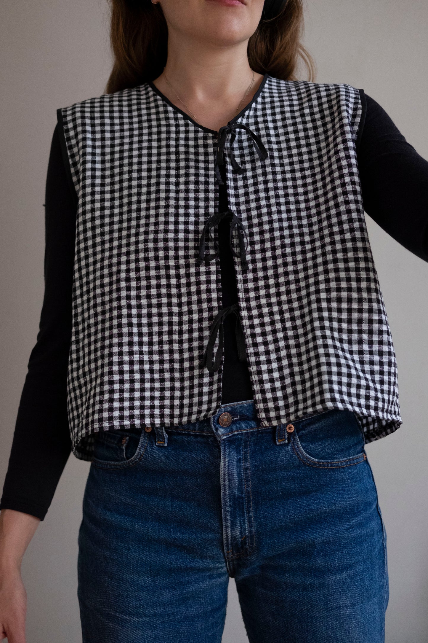 Zahra ~ Reworked Black Gingham Linen Tie Waistcoat - M/L