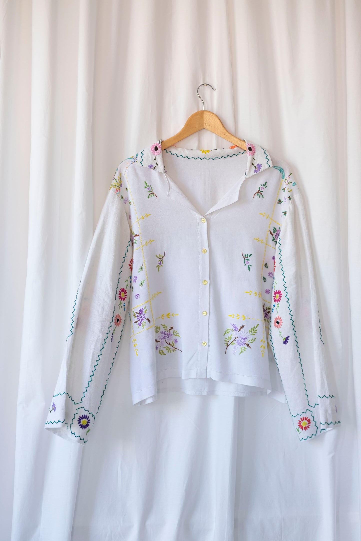 Lavender ~ Reworked Embroidered Tablecloth Shirt ~ L