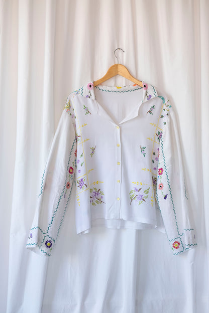Lavender ~ Reworked Embroidered Tablecloth Shirt ~ L
