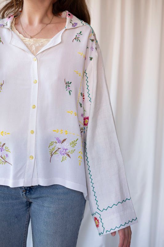 Lavender ~ Reworked Embroidered Tablecloth Shirt ~ L