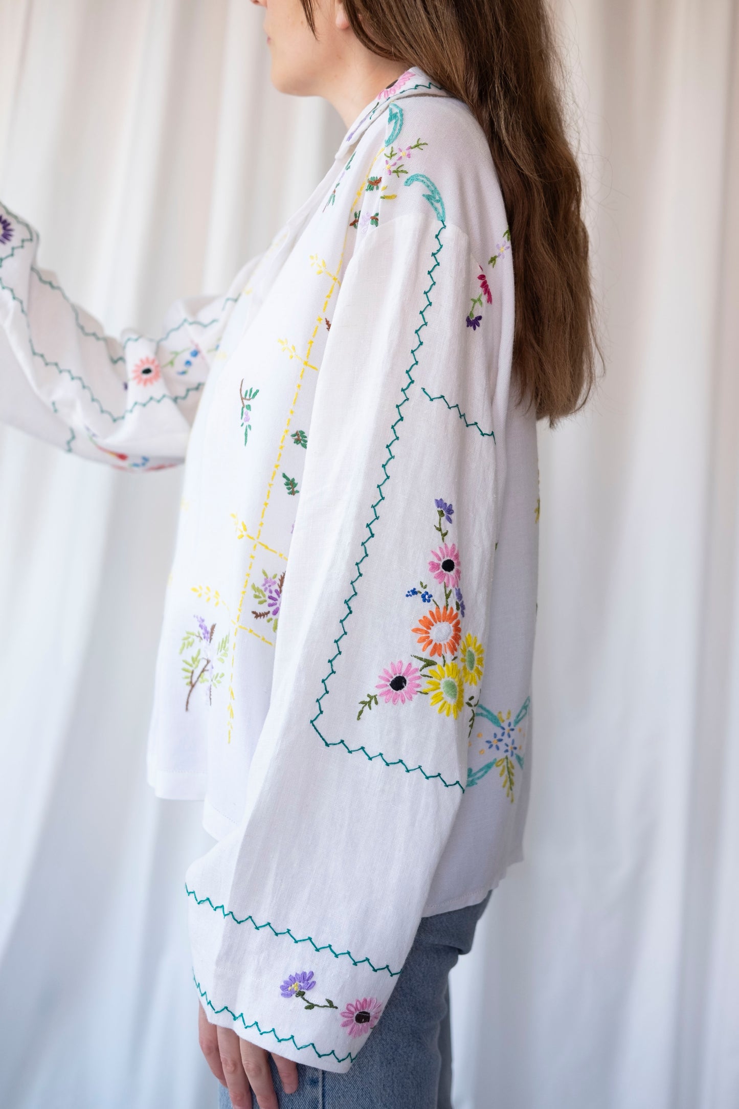 Lavender ~ Reworked Embroidered Tablecloth Shirt ~ L