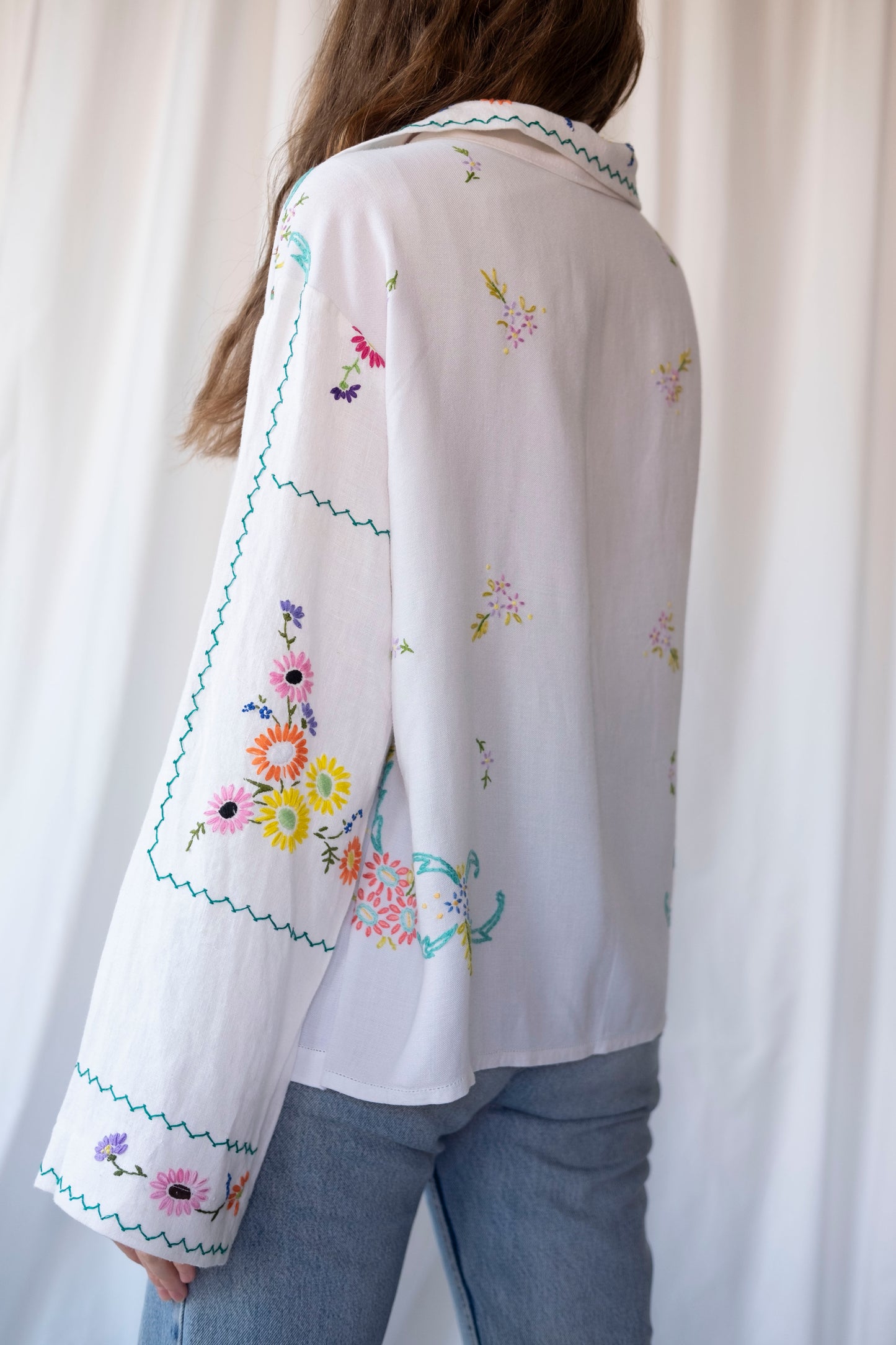 Lavender ~ Reworked Embroidered Tablecloth Shirt ~ L