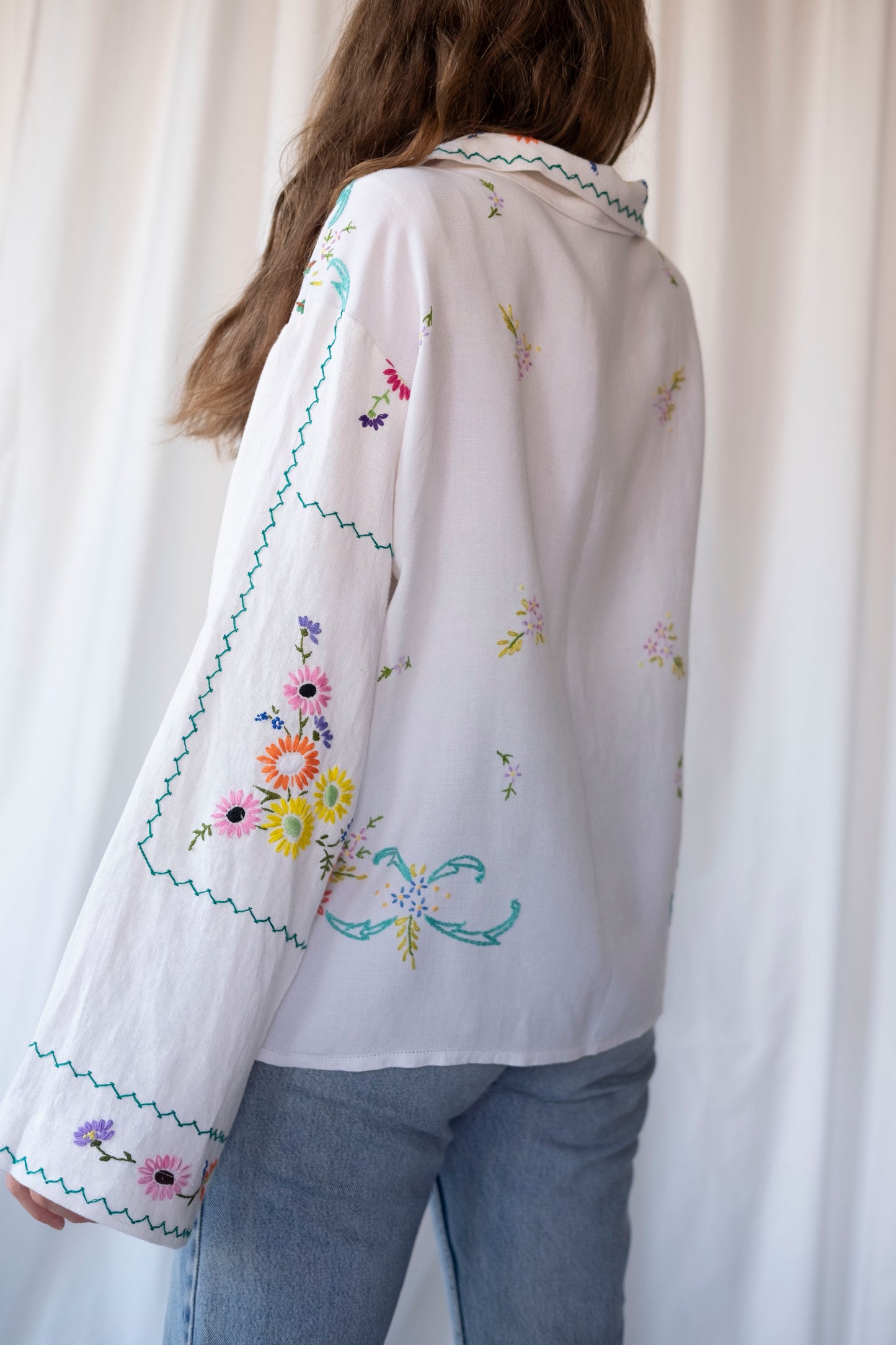 Lavender ~ Reworked Embroidered Tablecloth Shirt ~ L