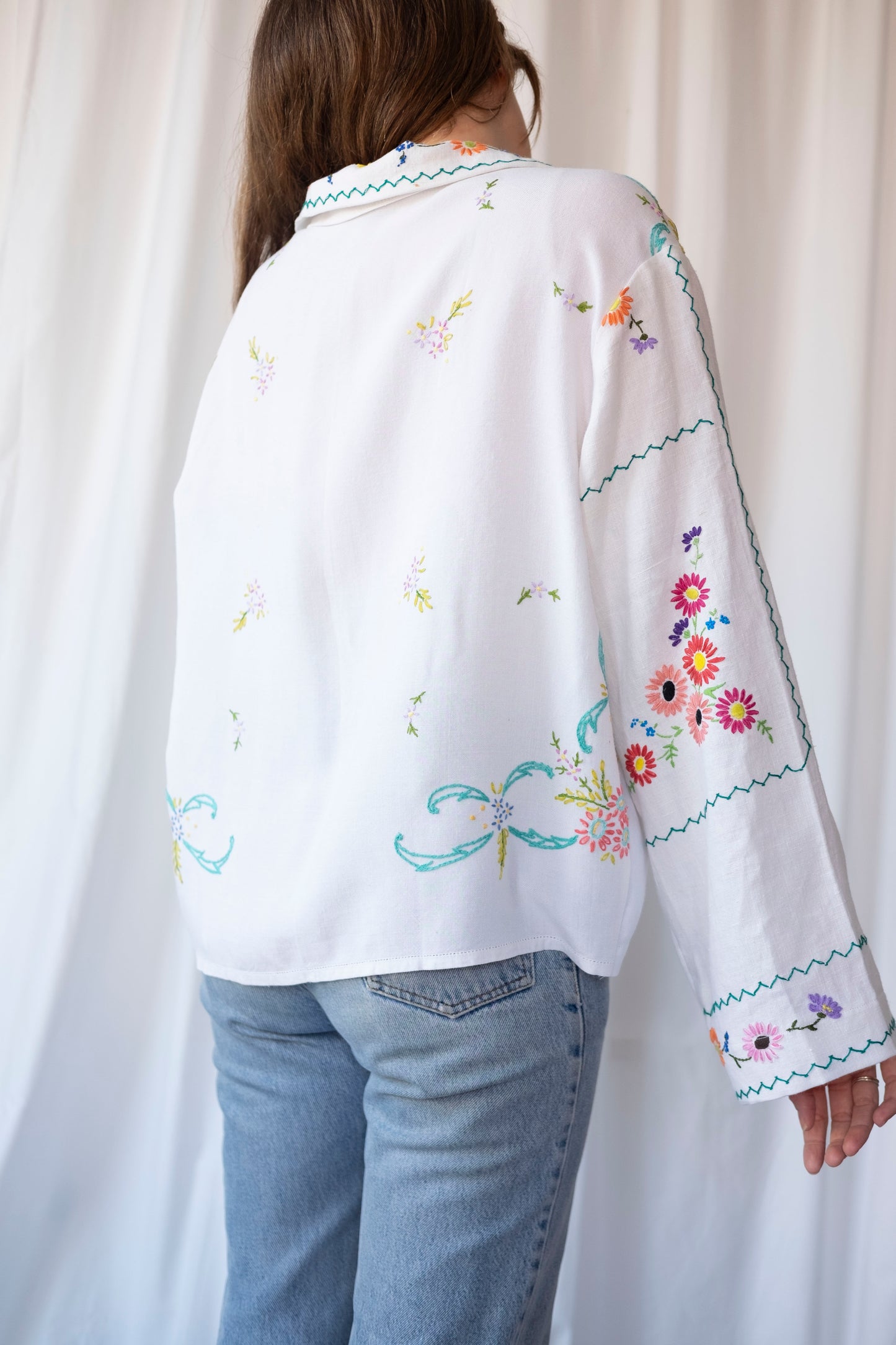 Lavender ~ Reworked Embroidered Tablecloth Shirt ~ L