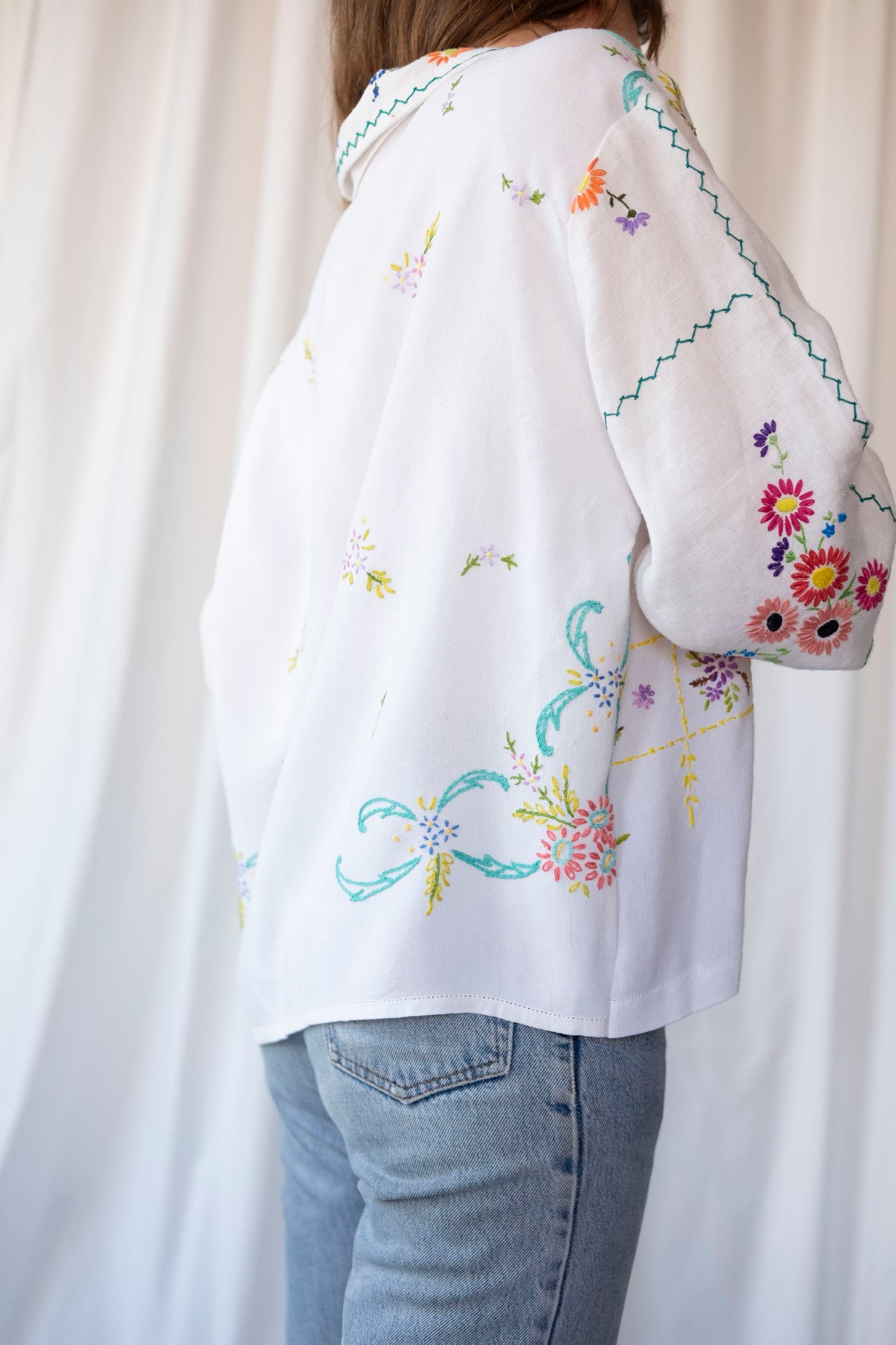 Lavender ~ Reworked Embroidered Tablecloth Shirt ~ L