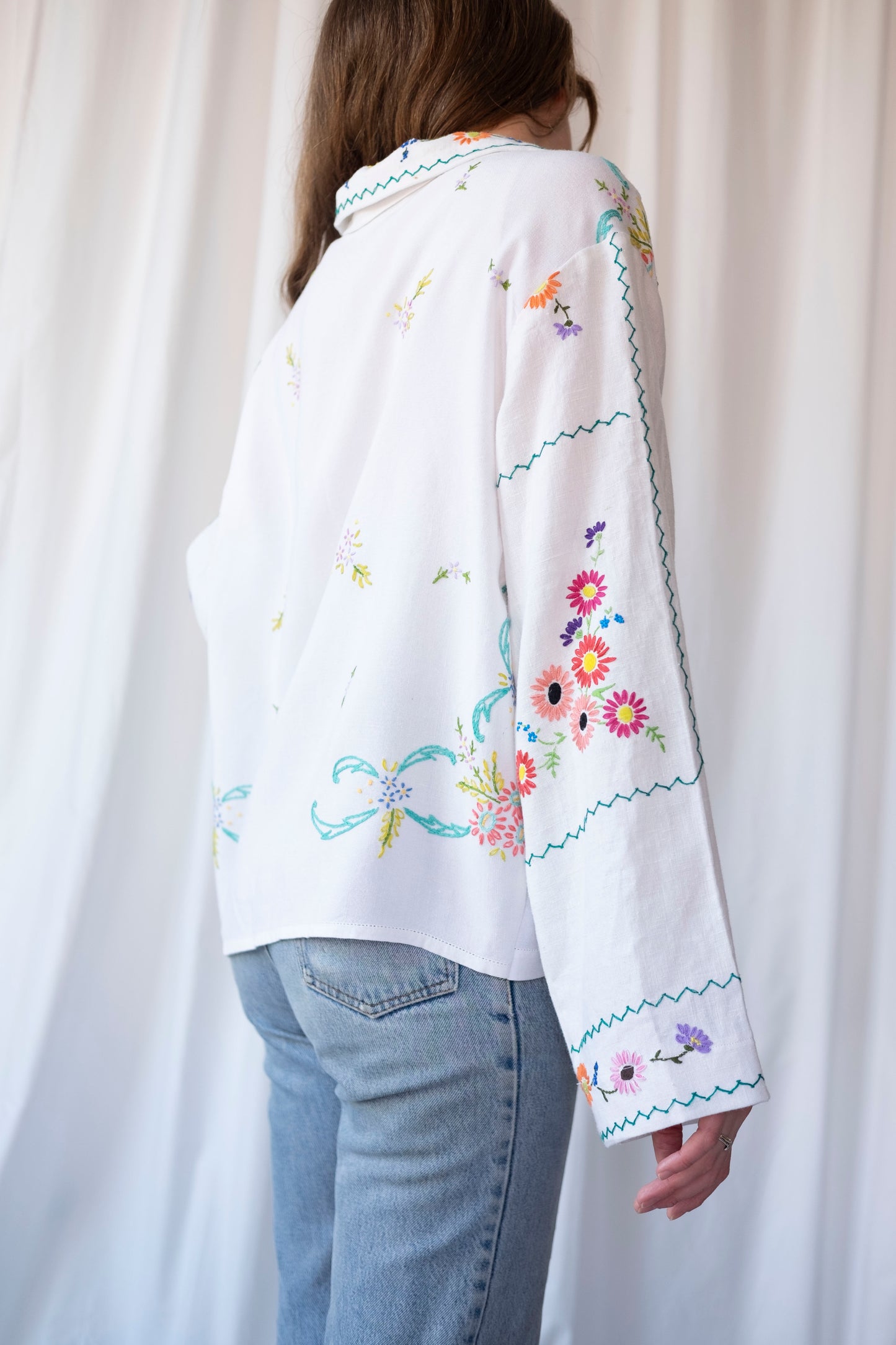 Lavender ~ Reworked Embroidered Tablecloth Shirt ~ L