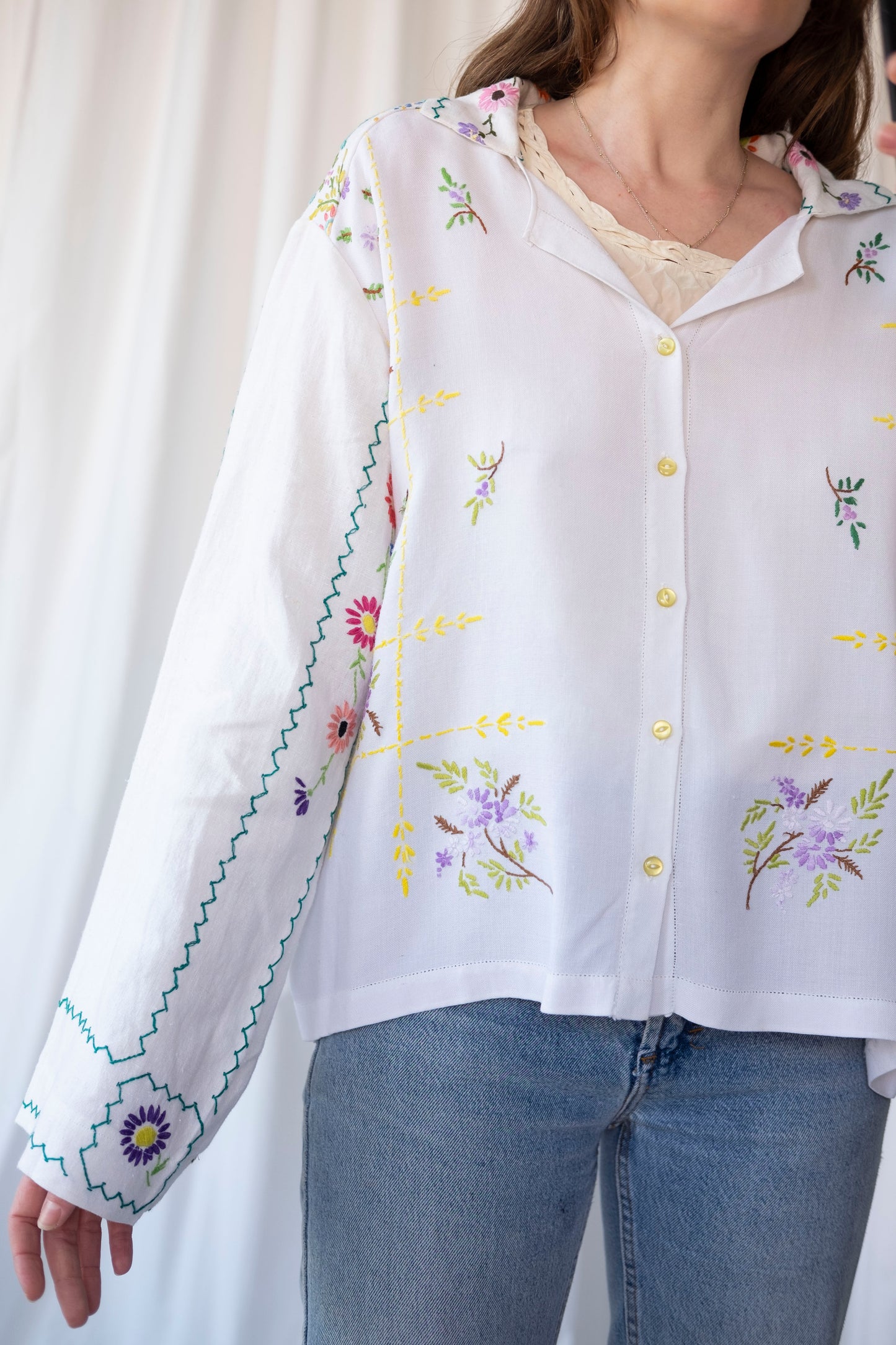 Lavender ~ Reworked Embroidered Tablecloth Shirt ~ L