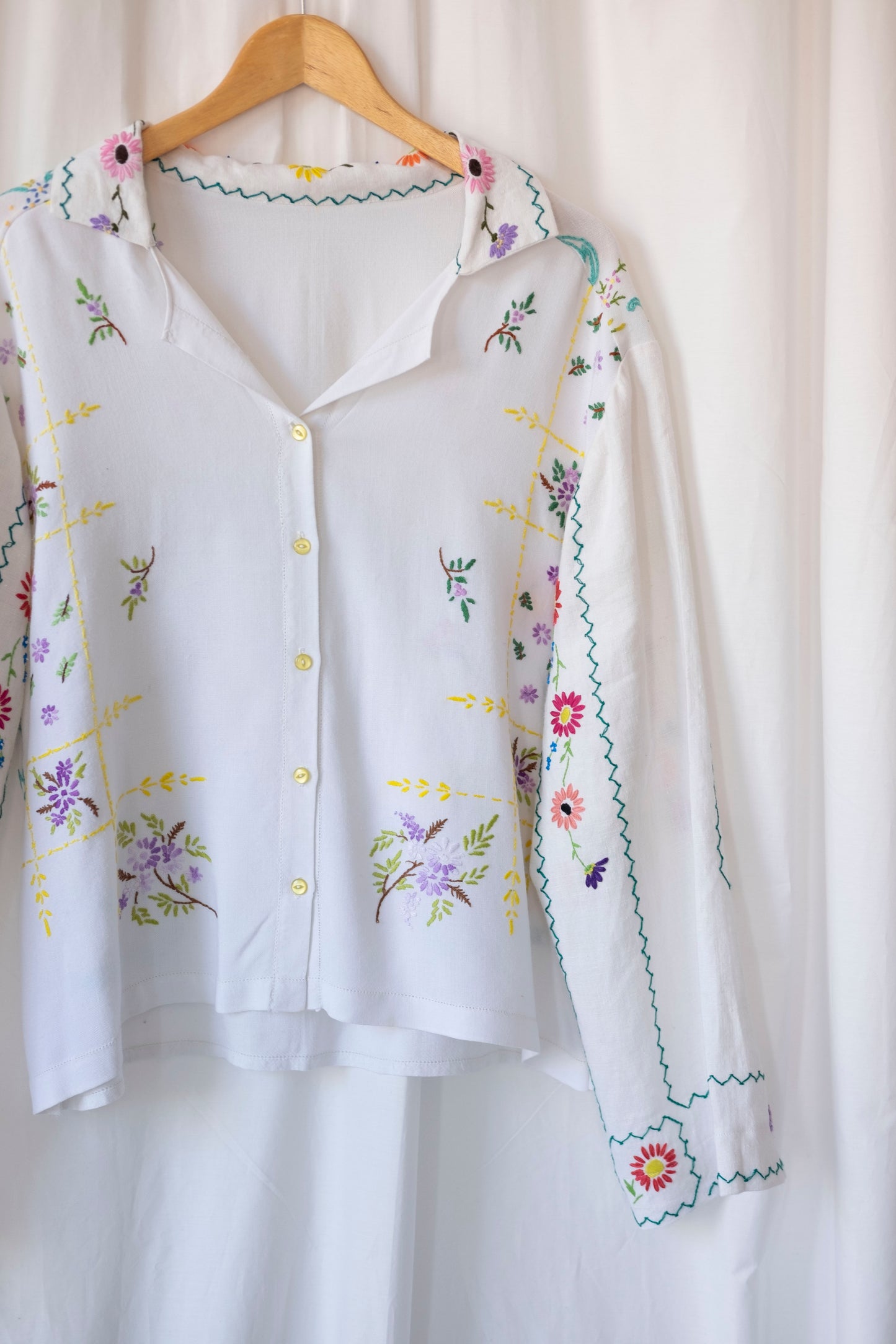 Lavender ~ Reworked Embroidered Tablecloth Shirt ~ L